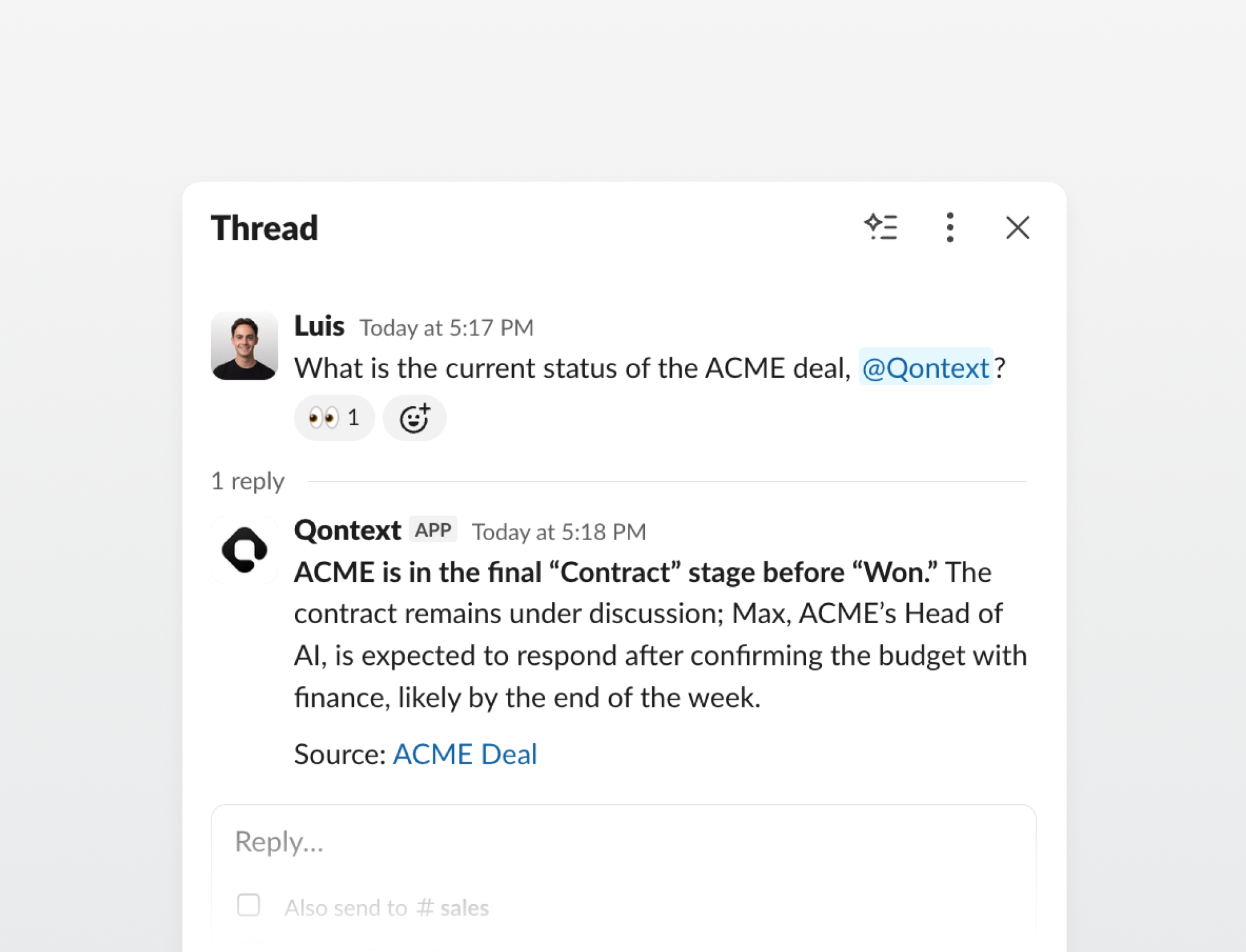 Slack thread where a user asks @Qontext for the current status of the ACME deal and Qontext replies with the deal stage, next step, and source link