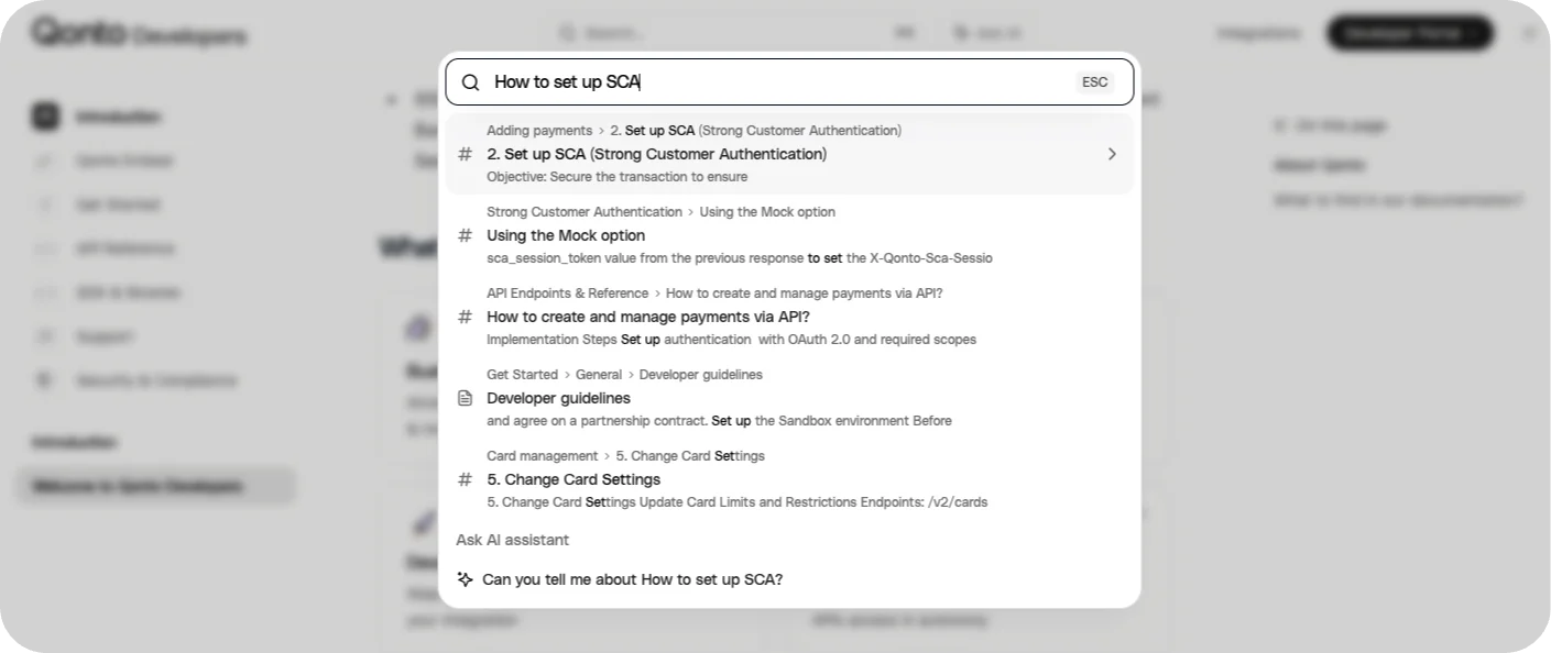 Qonto Embed docs showing the search bar