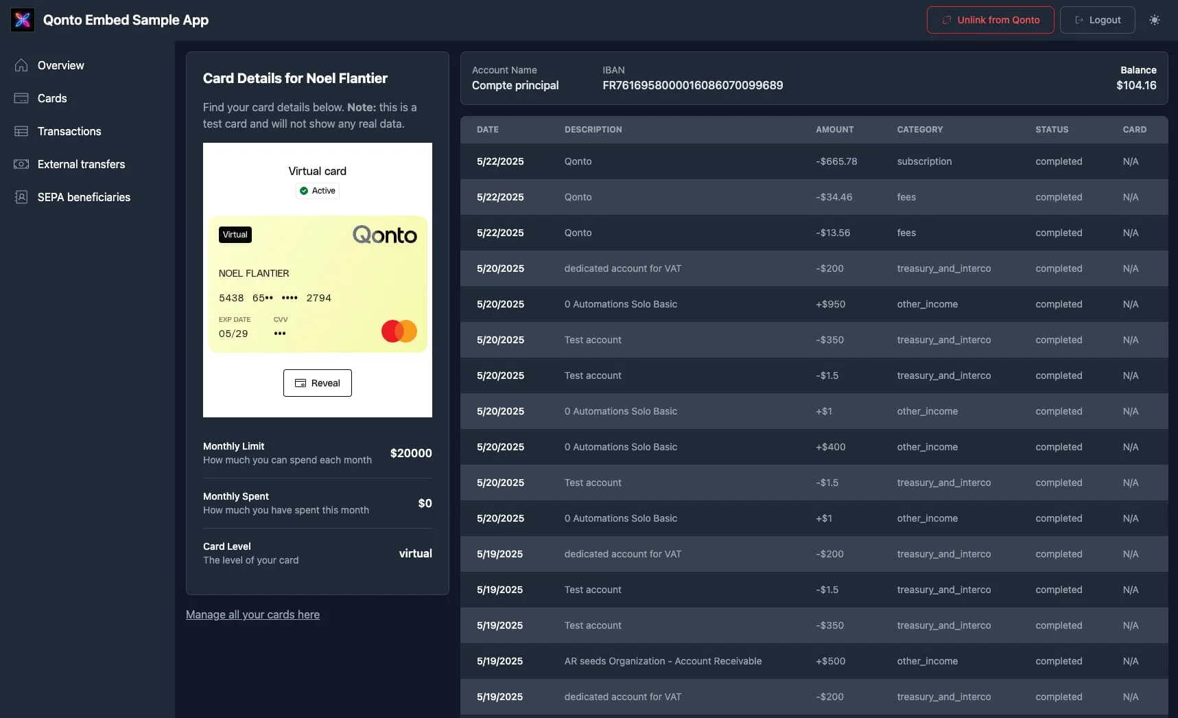 Embed Sample App Preview Dark
