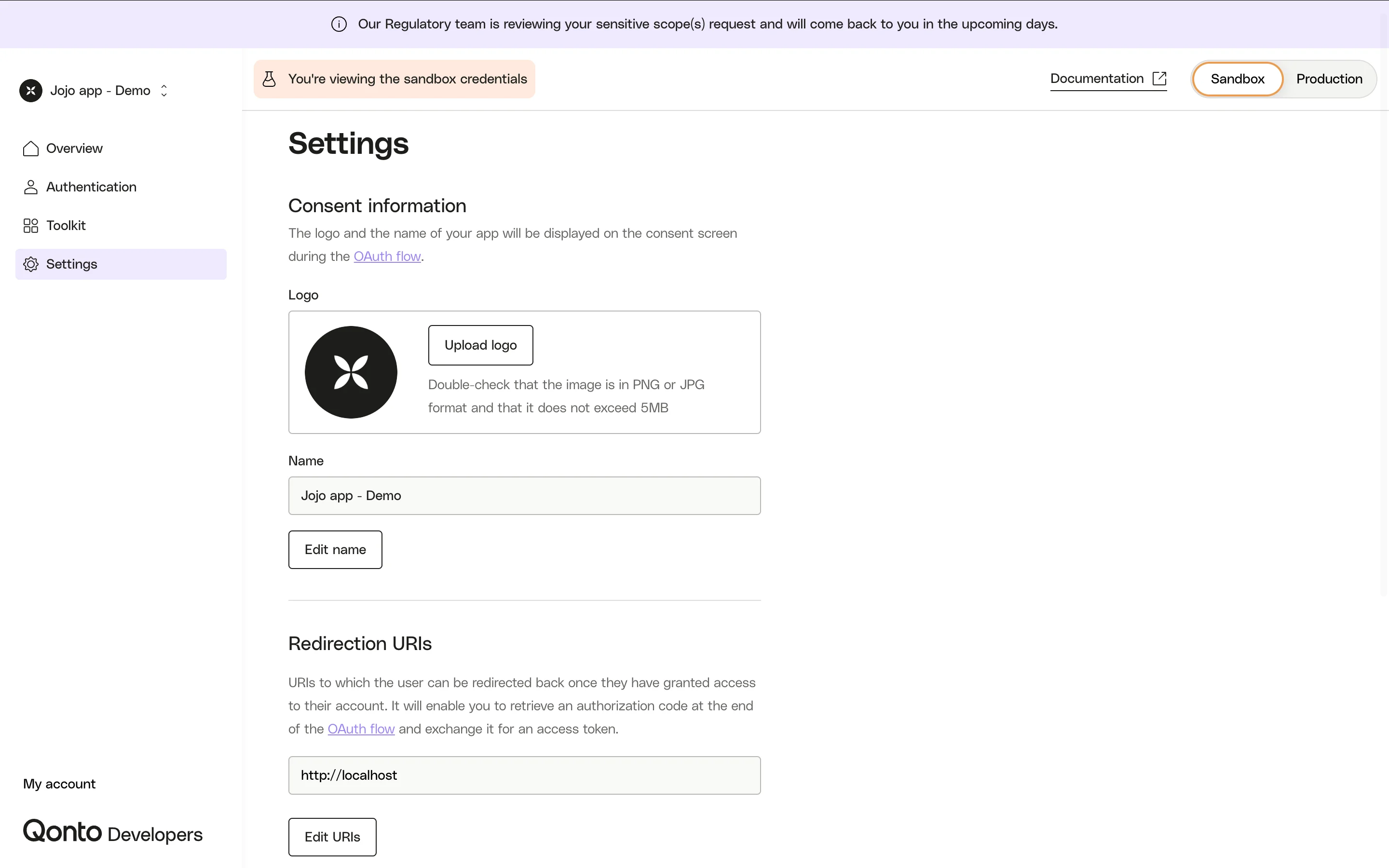 Settings page