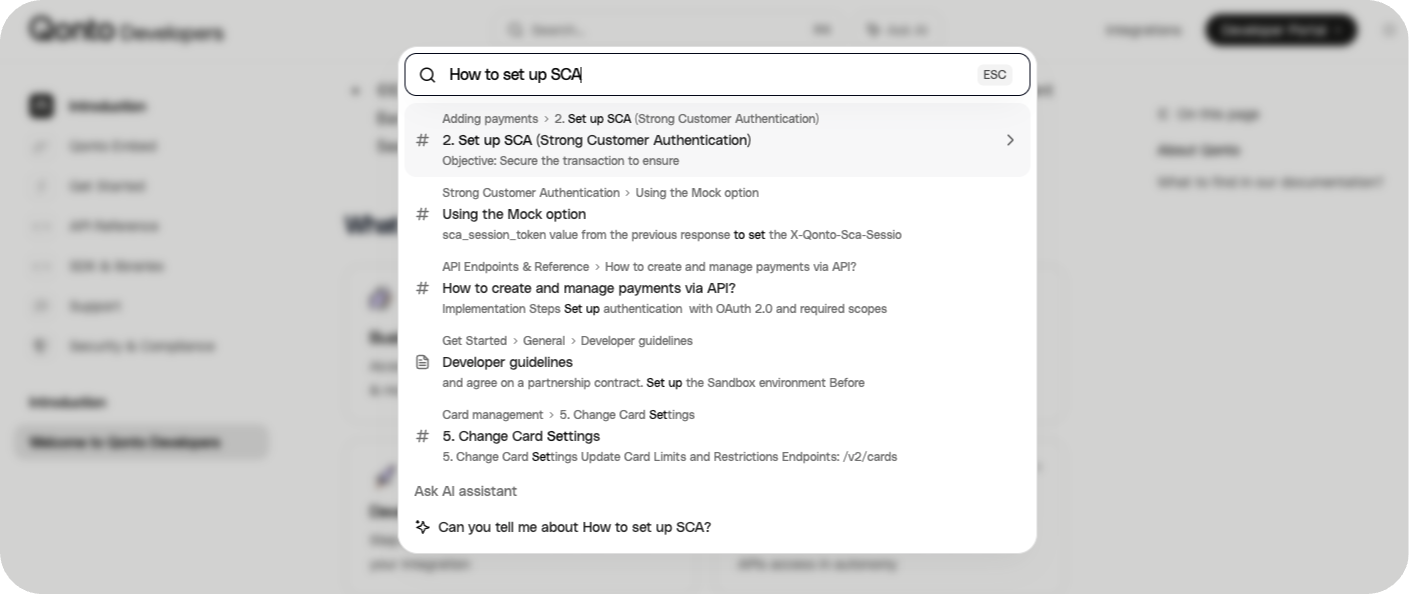 Qonto Embed docs showing the search bar
