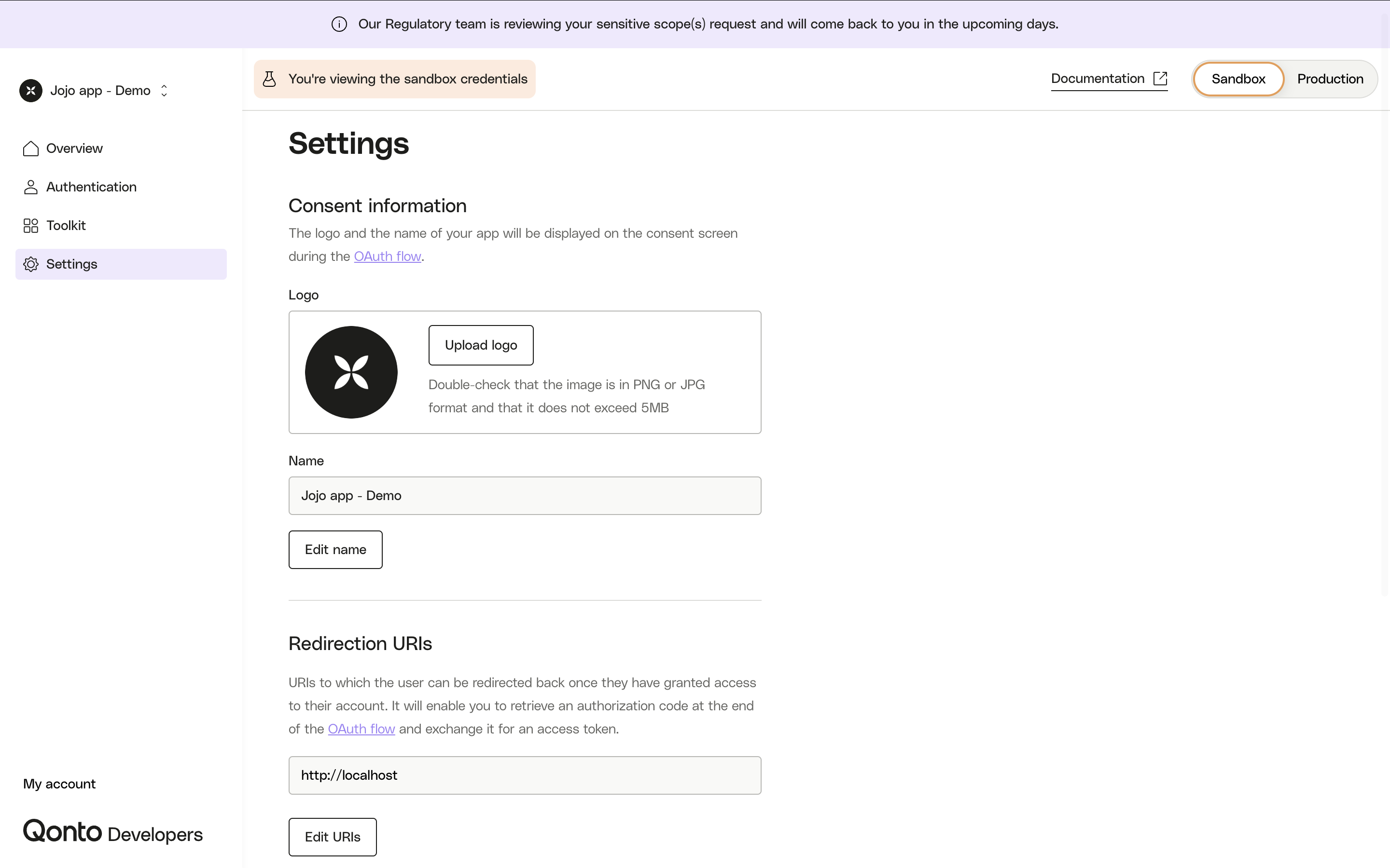 Settings page