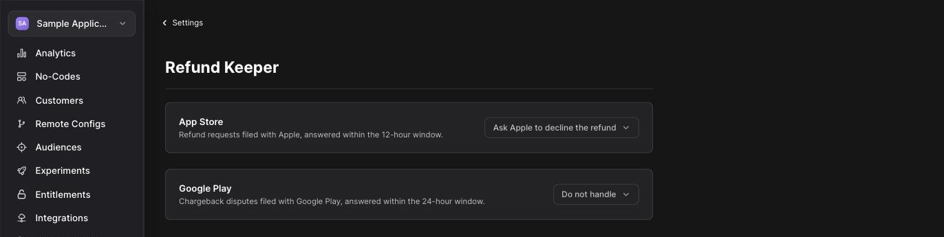 The Refund Keeper settings page with one handling option per store: the App Store set to Ask Apple to decline the refund, Google Play set to Do not handle