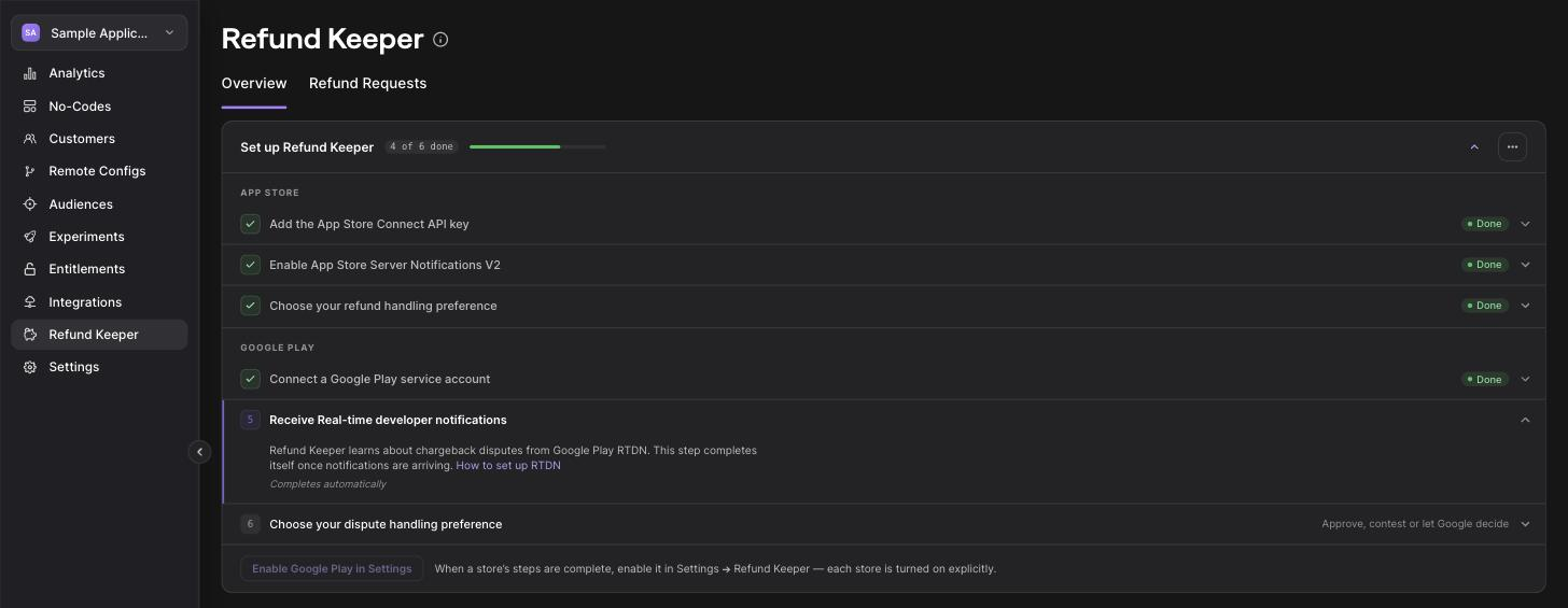 The Refund Keeper setup guide, with three App Store steps and three Google Play steps tracked separately