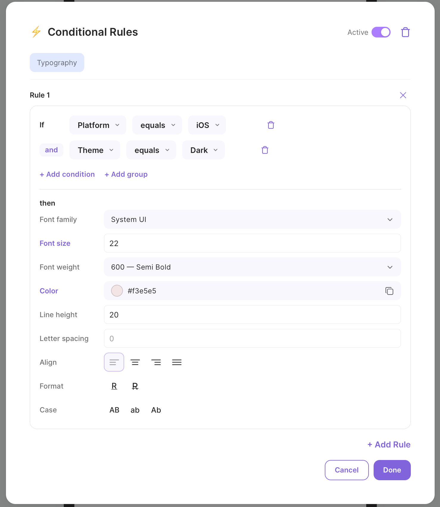 Conditional Rules modal with typography overrides