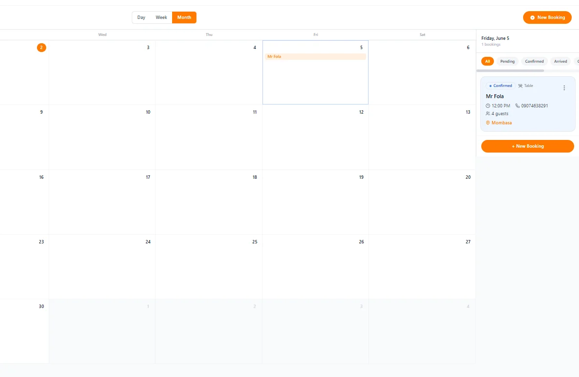 Month calendar view with booking labels and detail panel on the right
