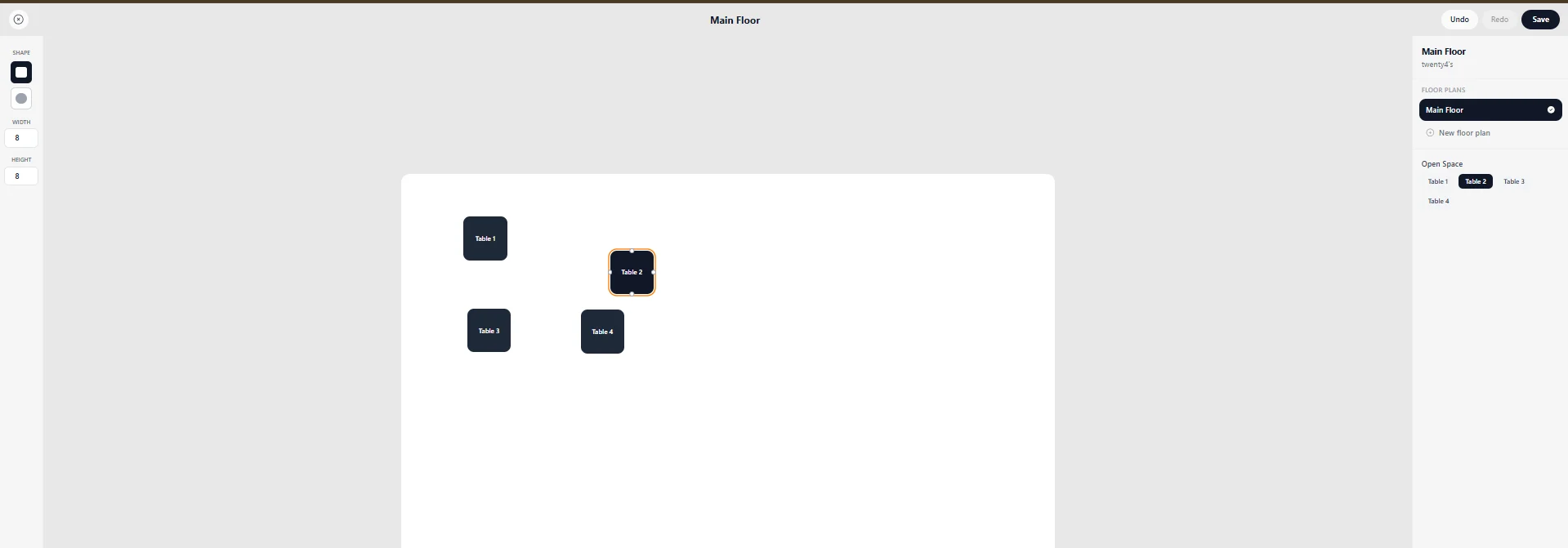 Floor plan editor showing tables on a canvas with shape and size controls