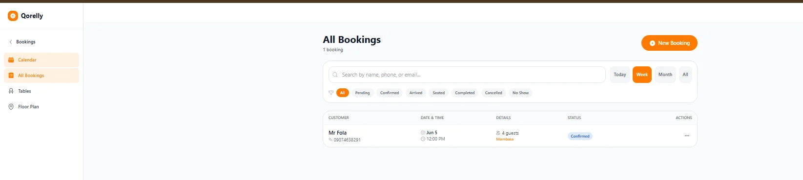 All bookings list with status filter tabs and search