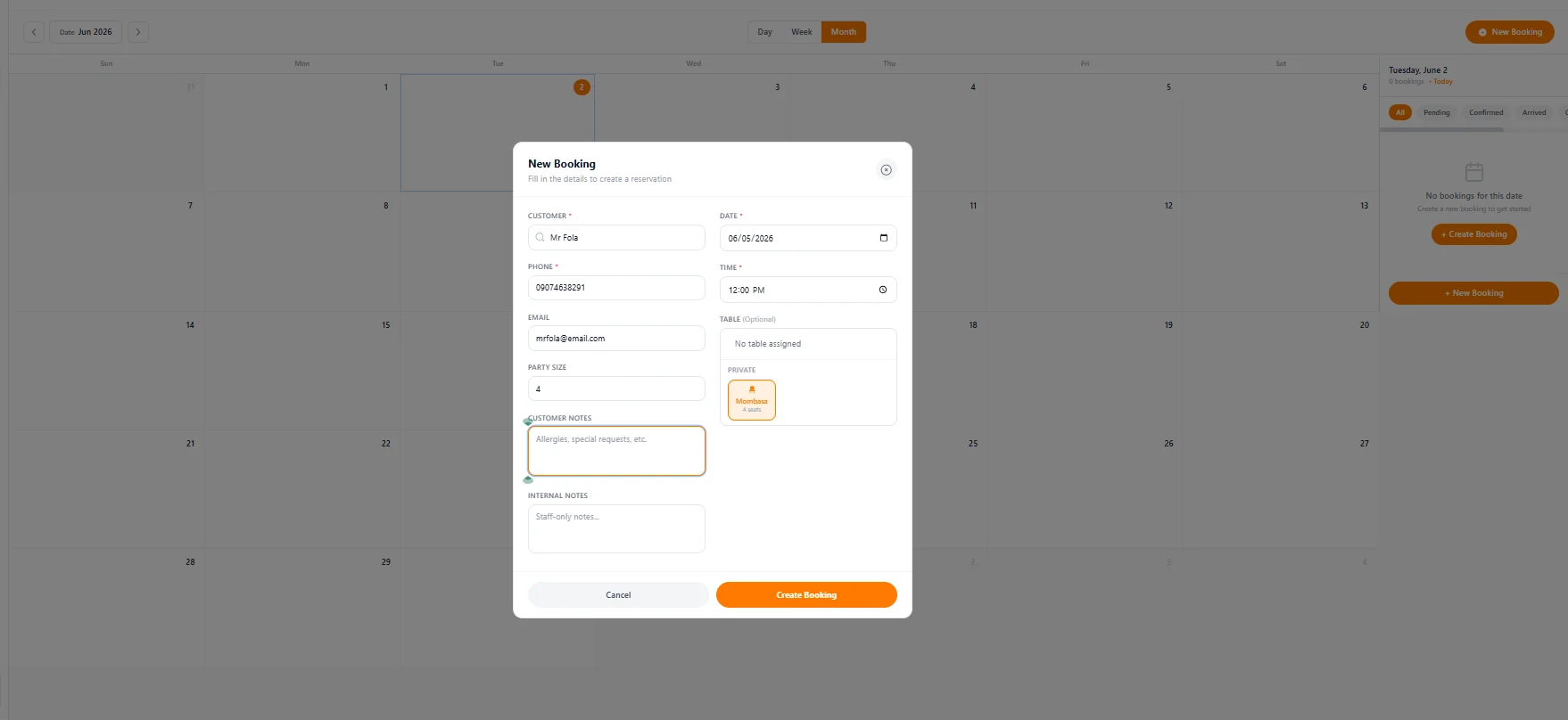 New booking form with customer, date, time, table, and notes fields