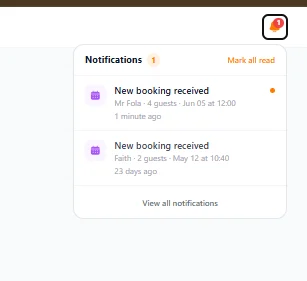 Notification dropdown showing new booking received