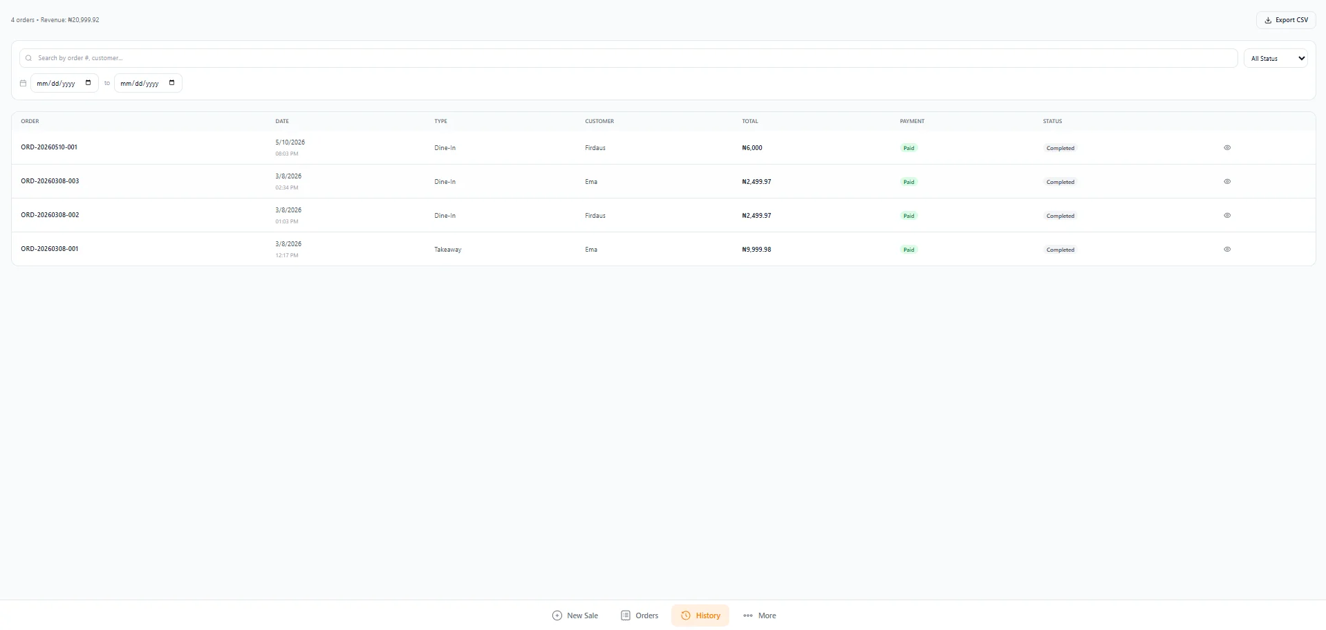 POS order history with date filter and status column