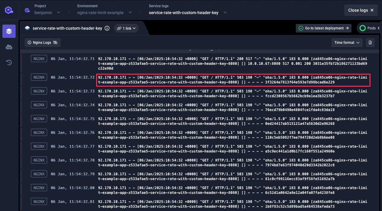 Service logs with custom header