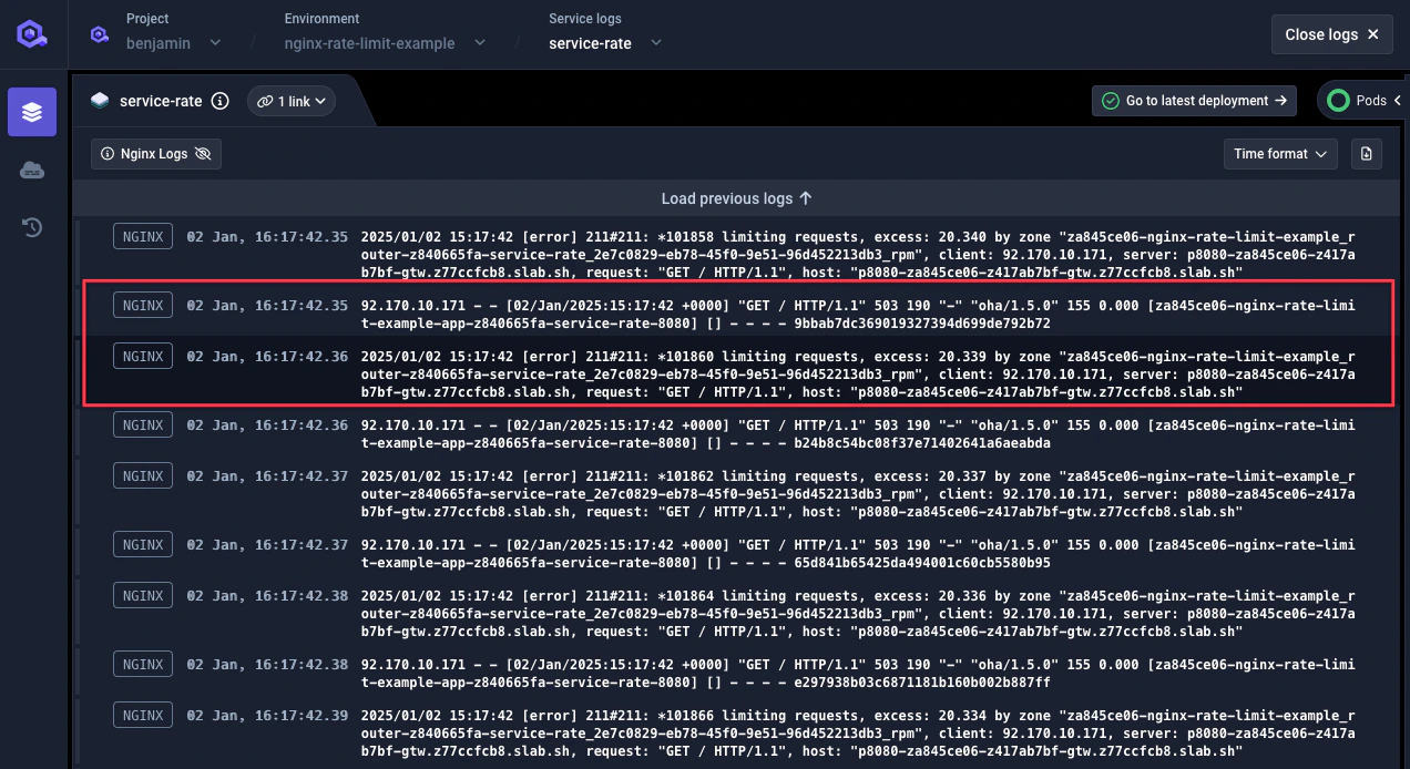 Service rate limit logs