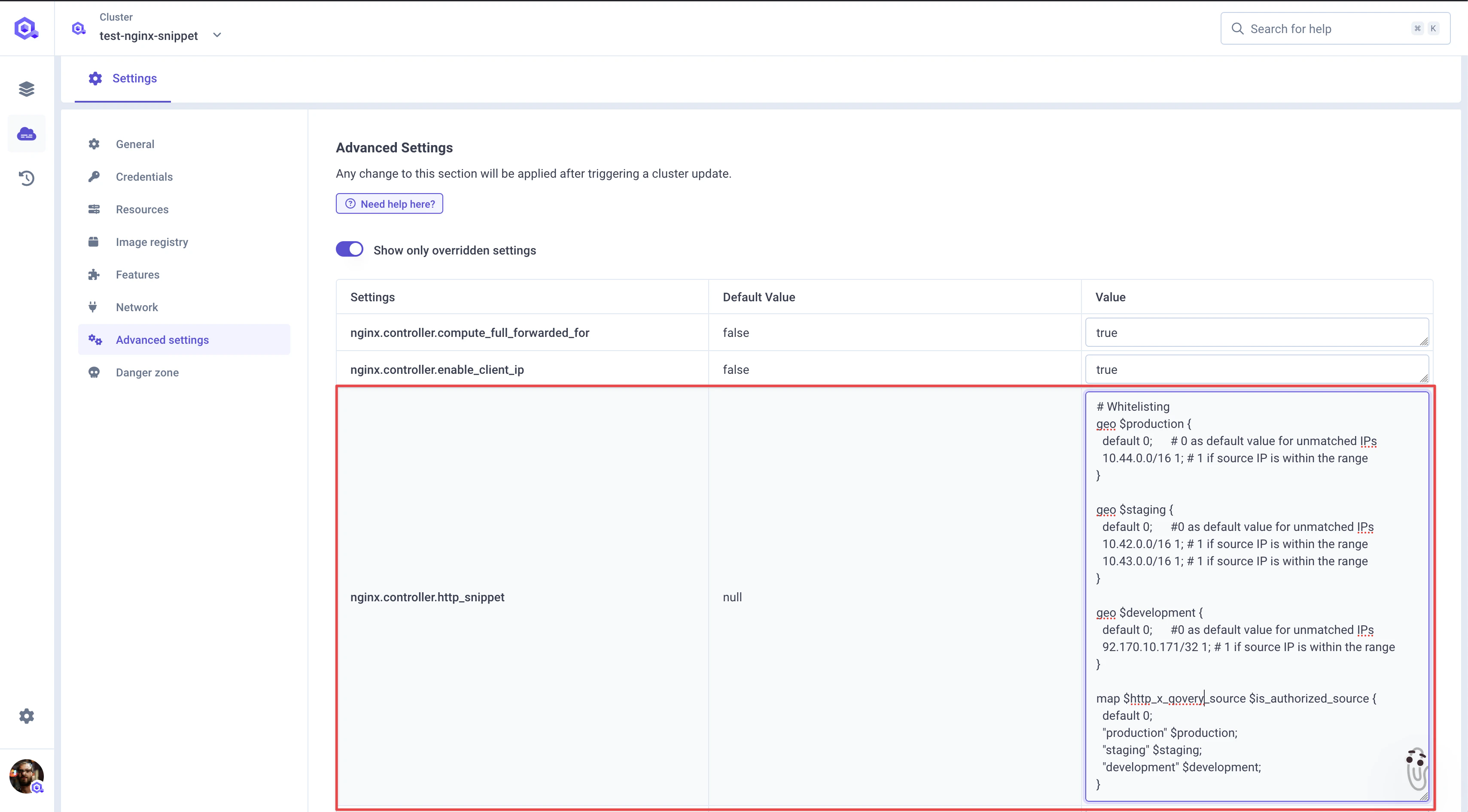 HTTP snippet with whitelisting rules