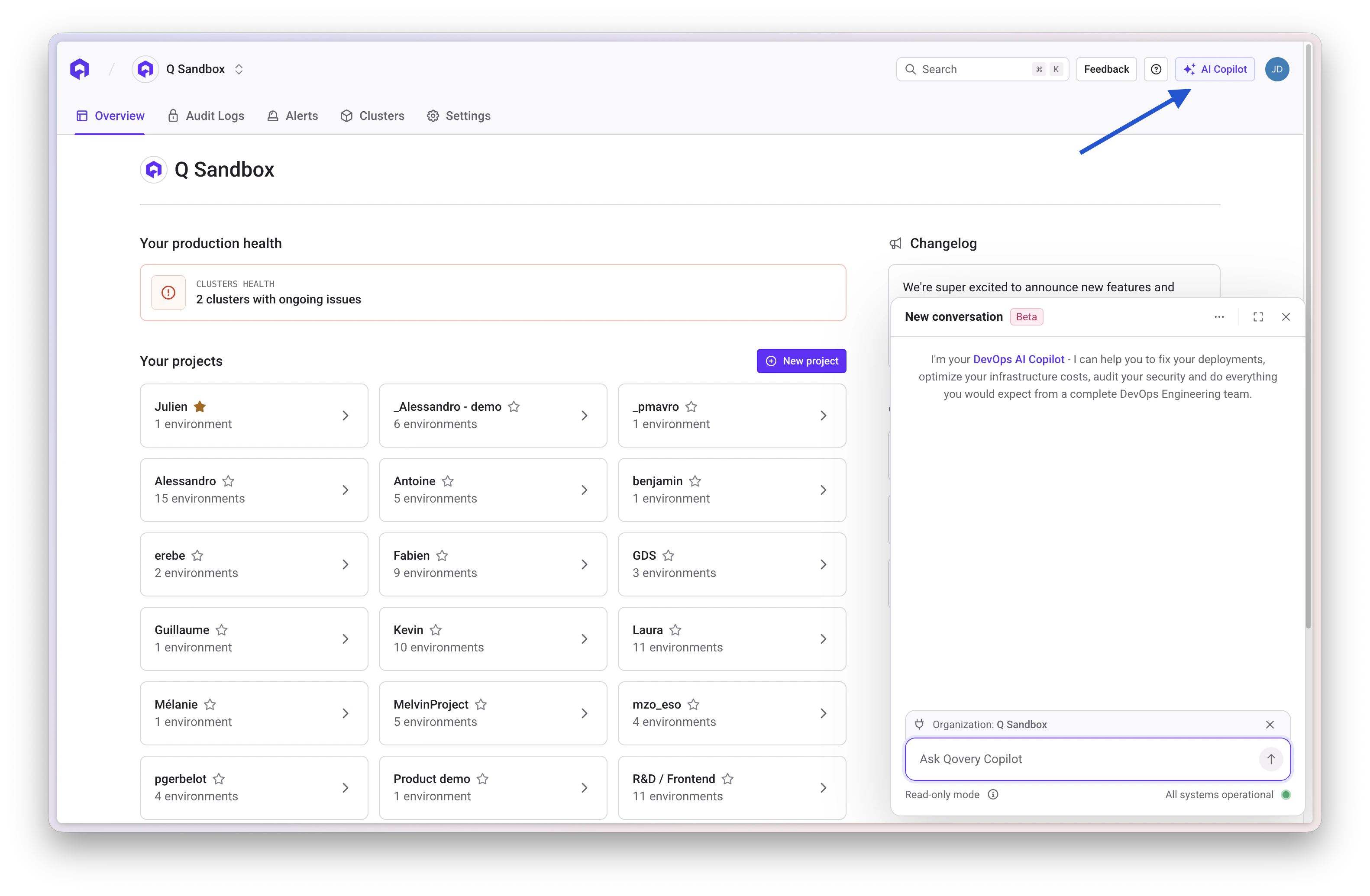 AI Copilot button in Qovery Console