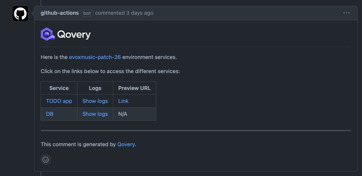 Ephemeral environment status in Pull Request