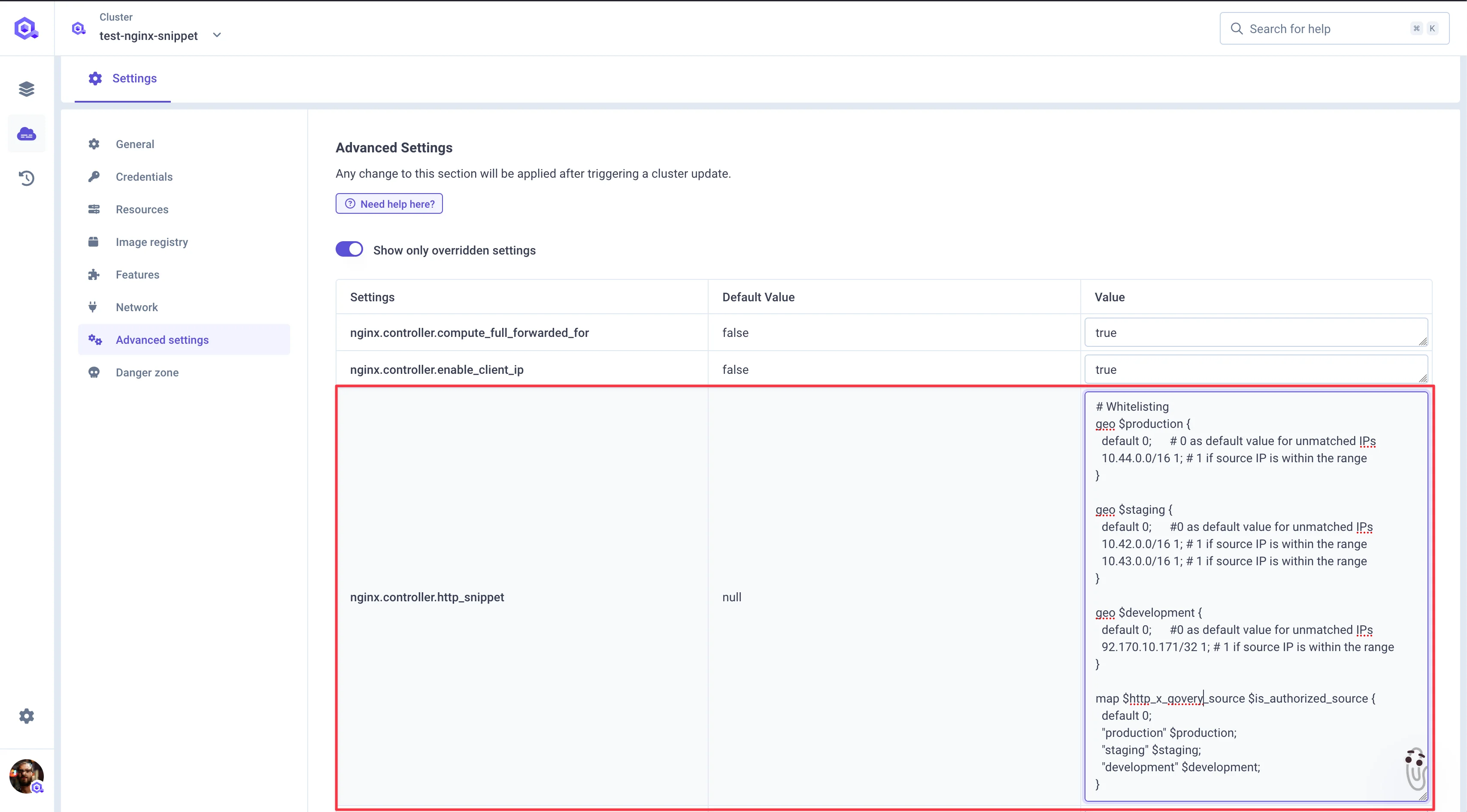HTTP snippet with whitelisting rules