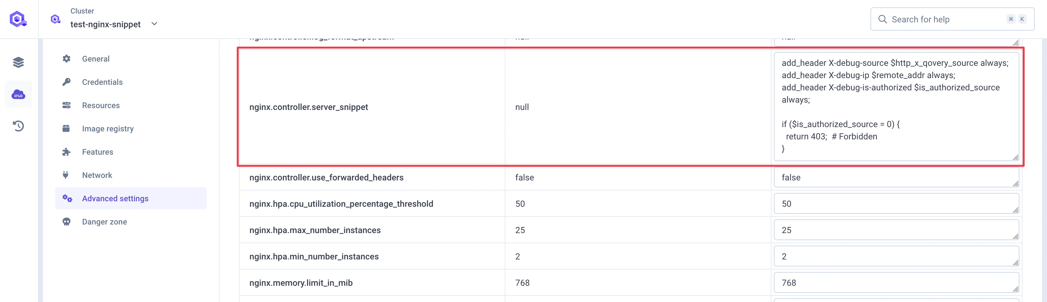 Server snippet with authorization logic