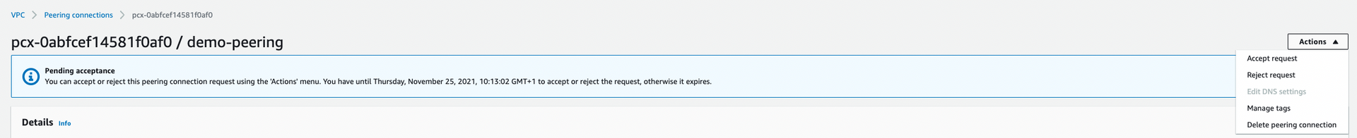 AWS accept VPC peering request