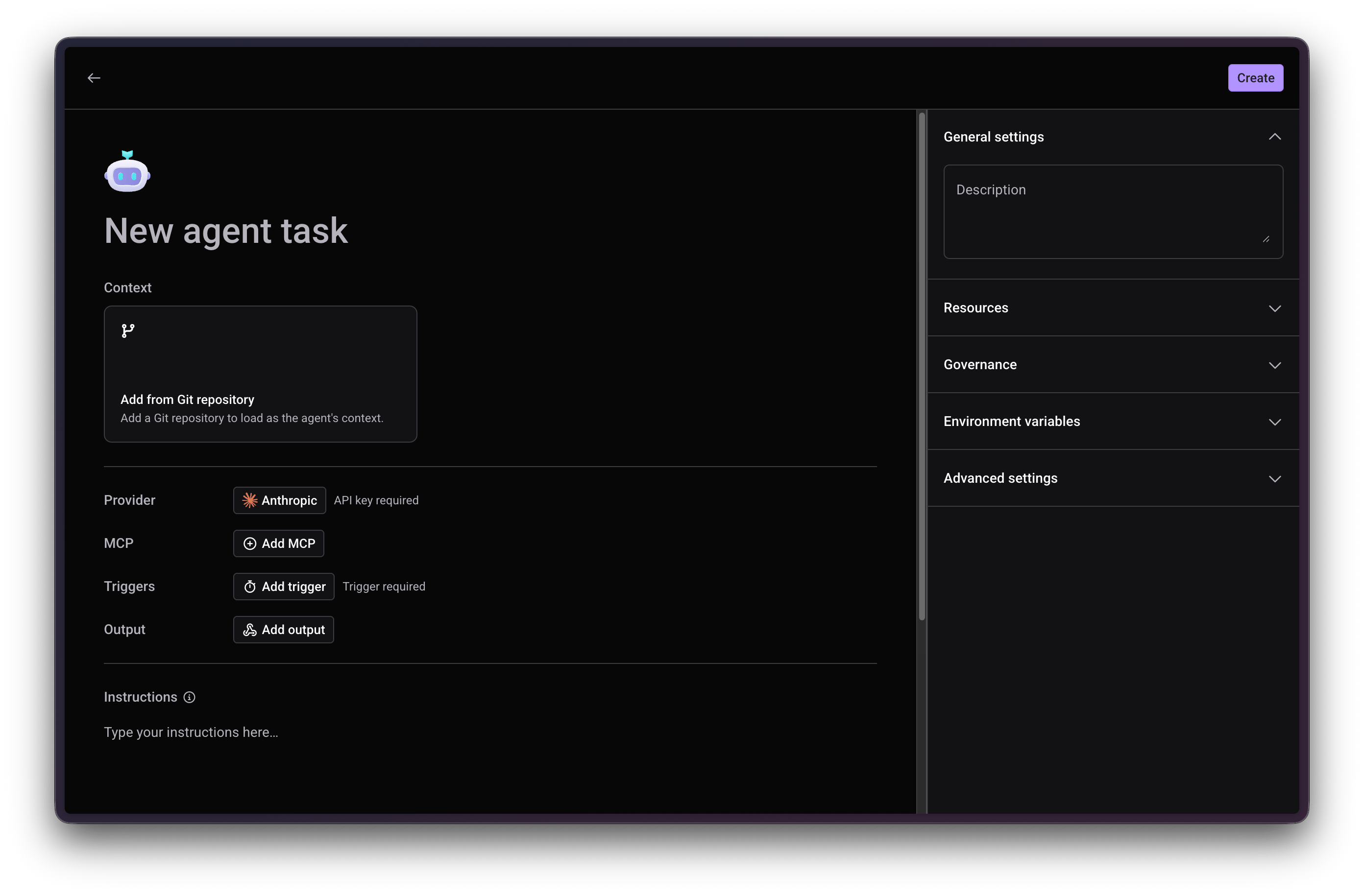 New agent task form with Context, Provider, MCP, Automations, and Instructions on the left, and Resources, Governance, Environment variables, and Advanced settings on the right