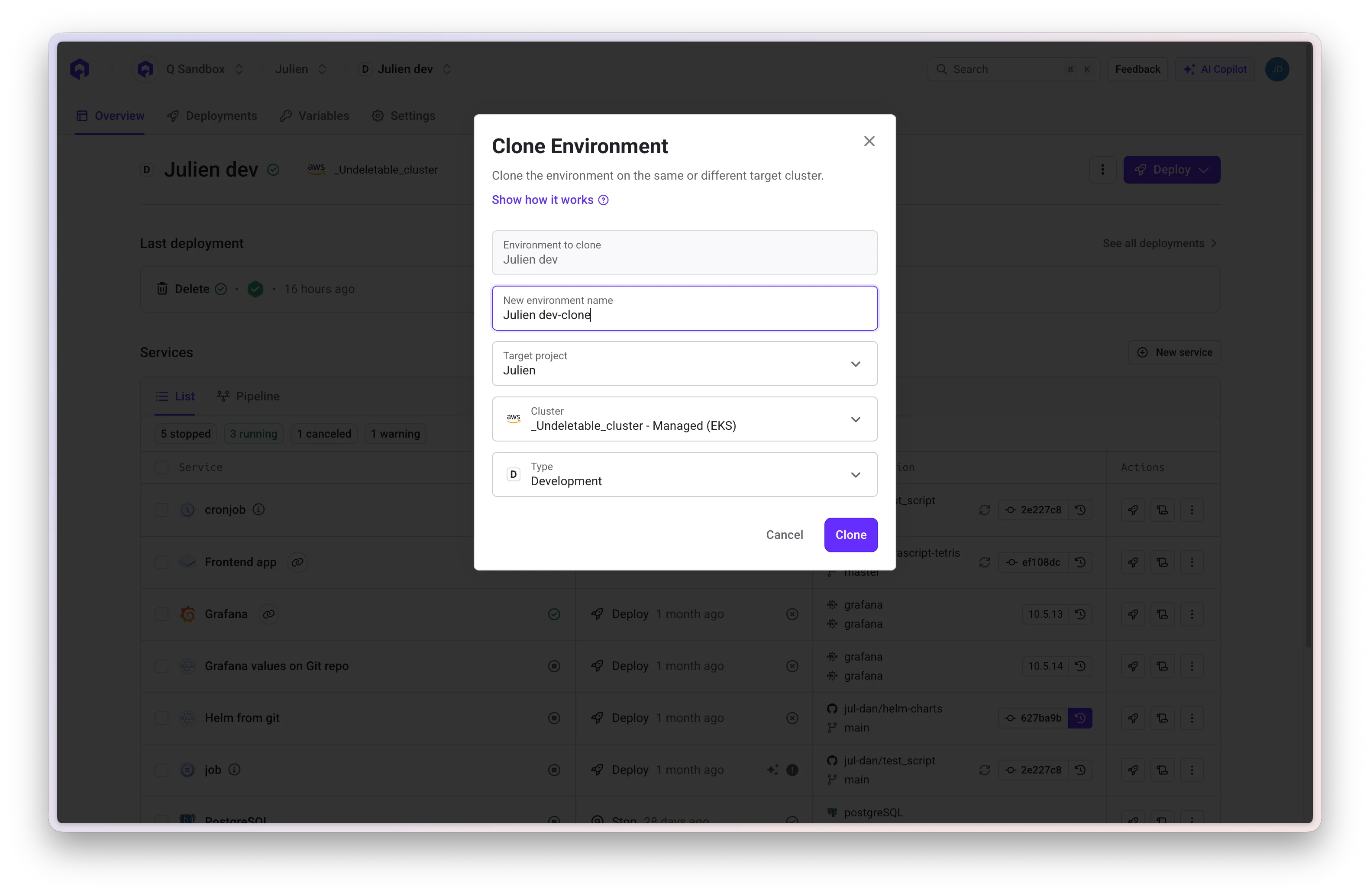 Clone Environment Modal