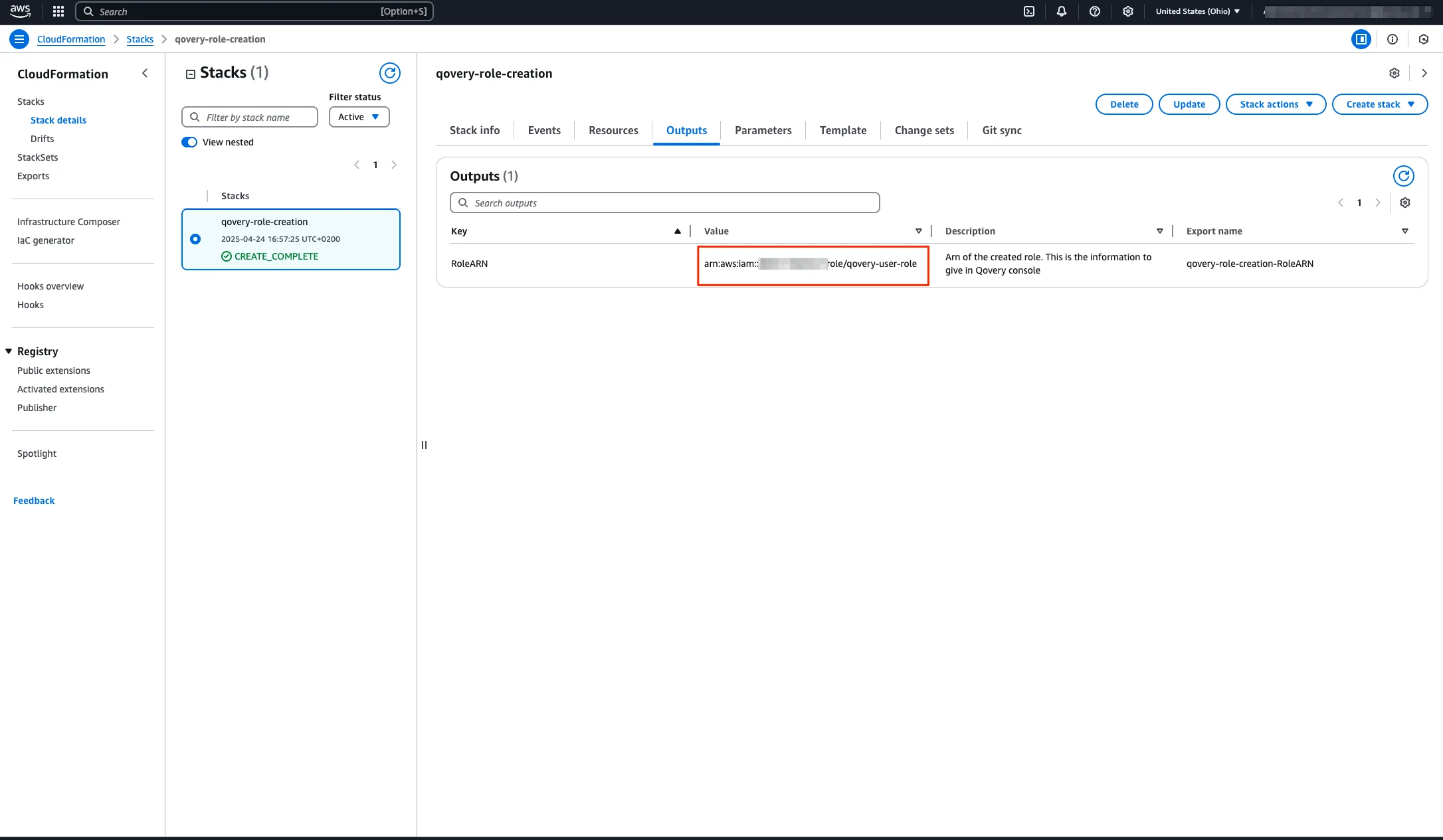 CloudFormation stack output with Role ARN