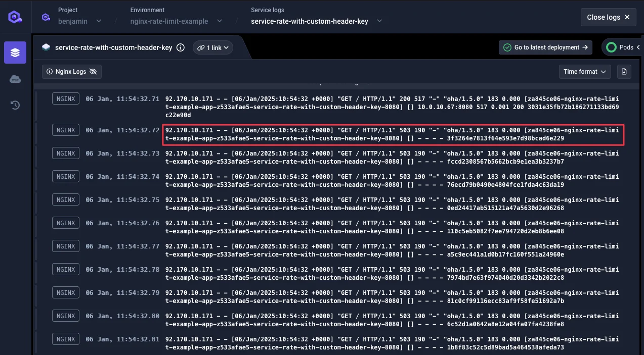 Service logs with custom header