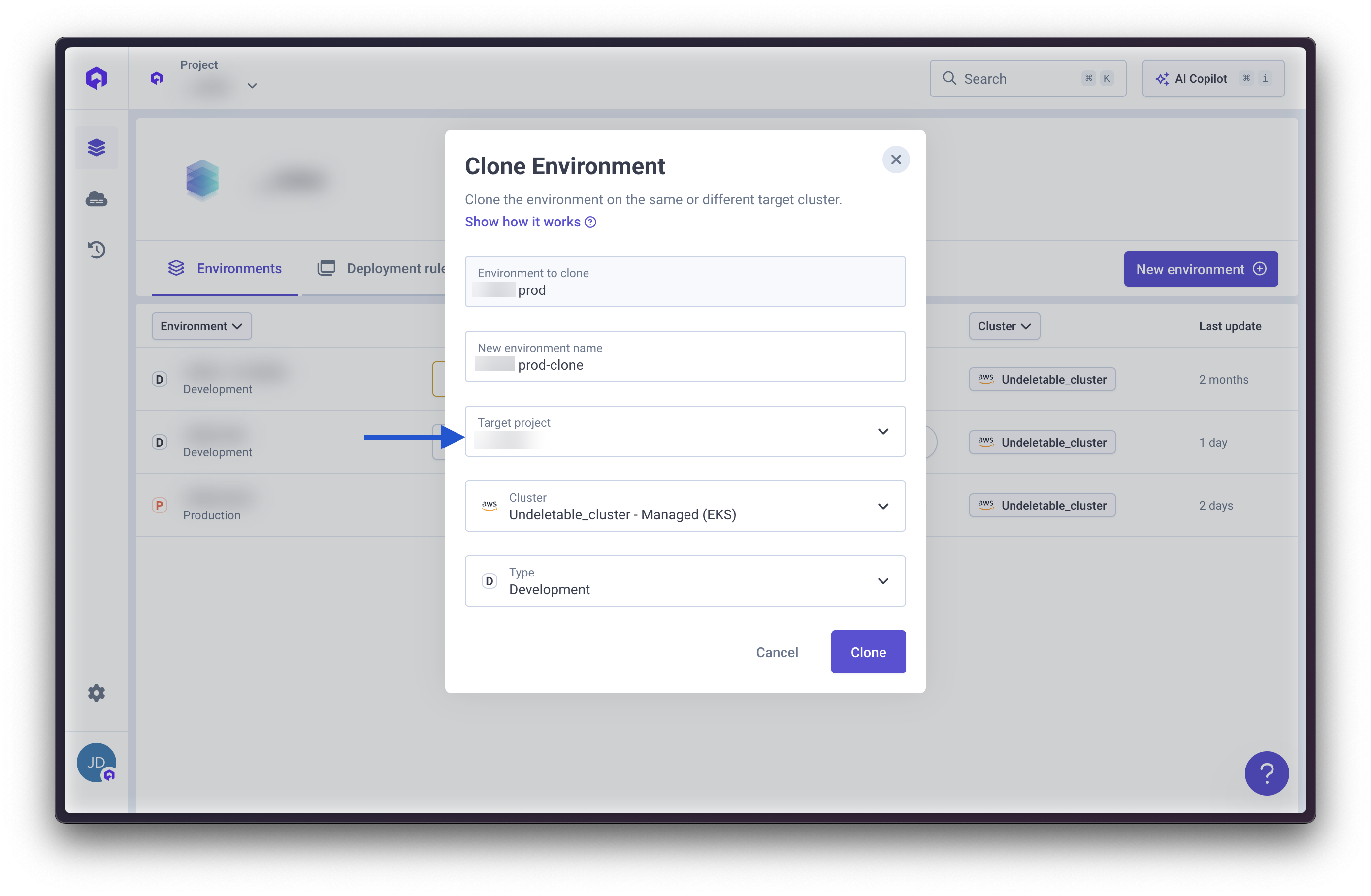 Clone Environment Modal