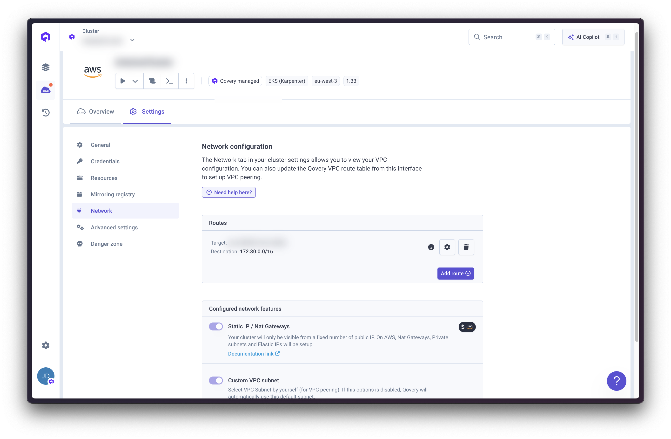 AWS VPC Qovery Route Table add route