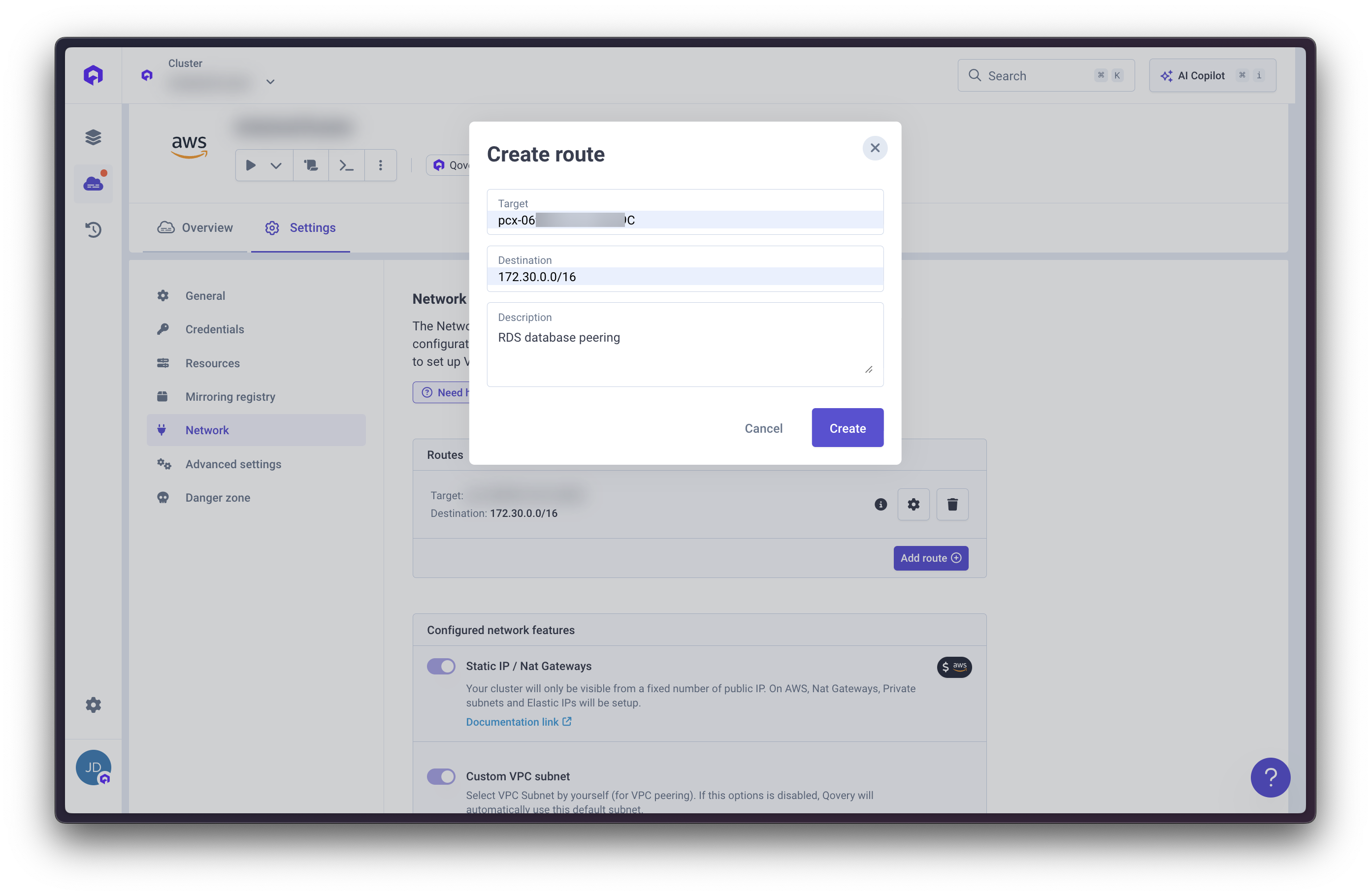 AWS VPC Qovery Route Table add route