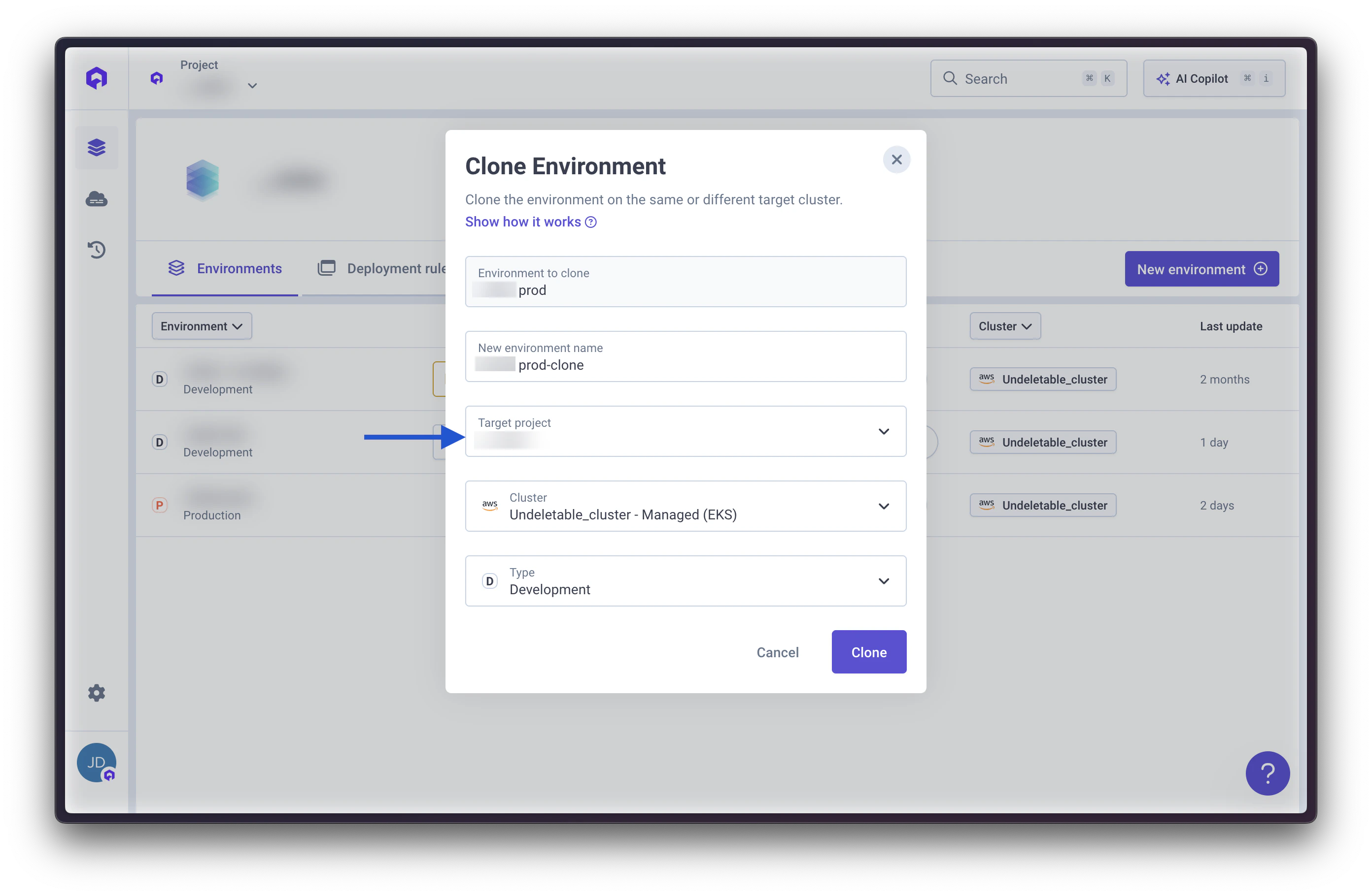 Clone Environment Modal