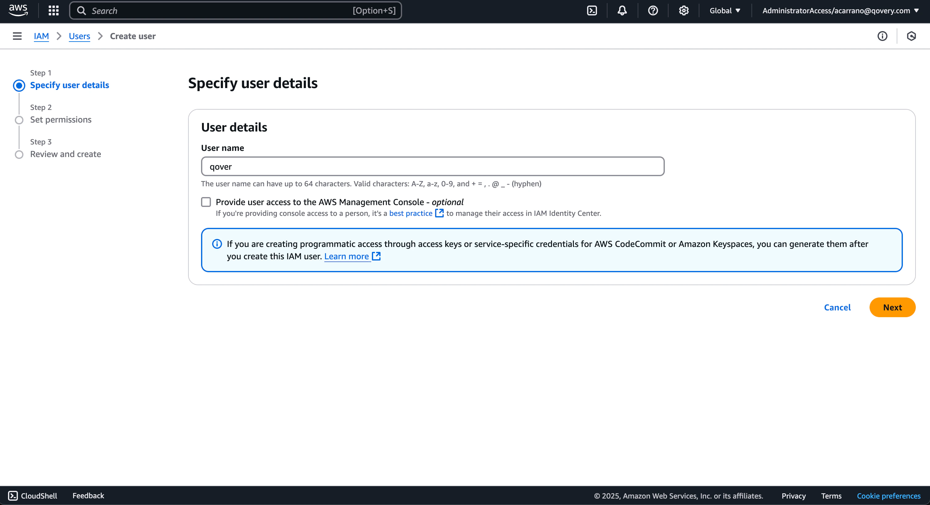 Create user - step 1