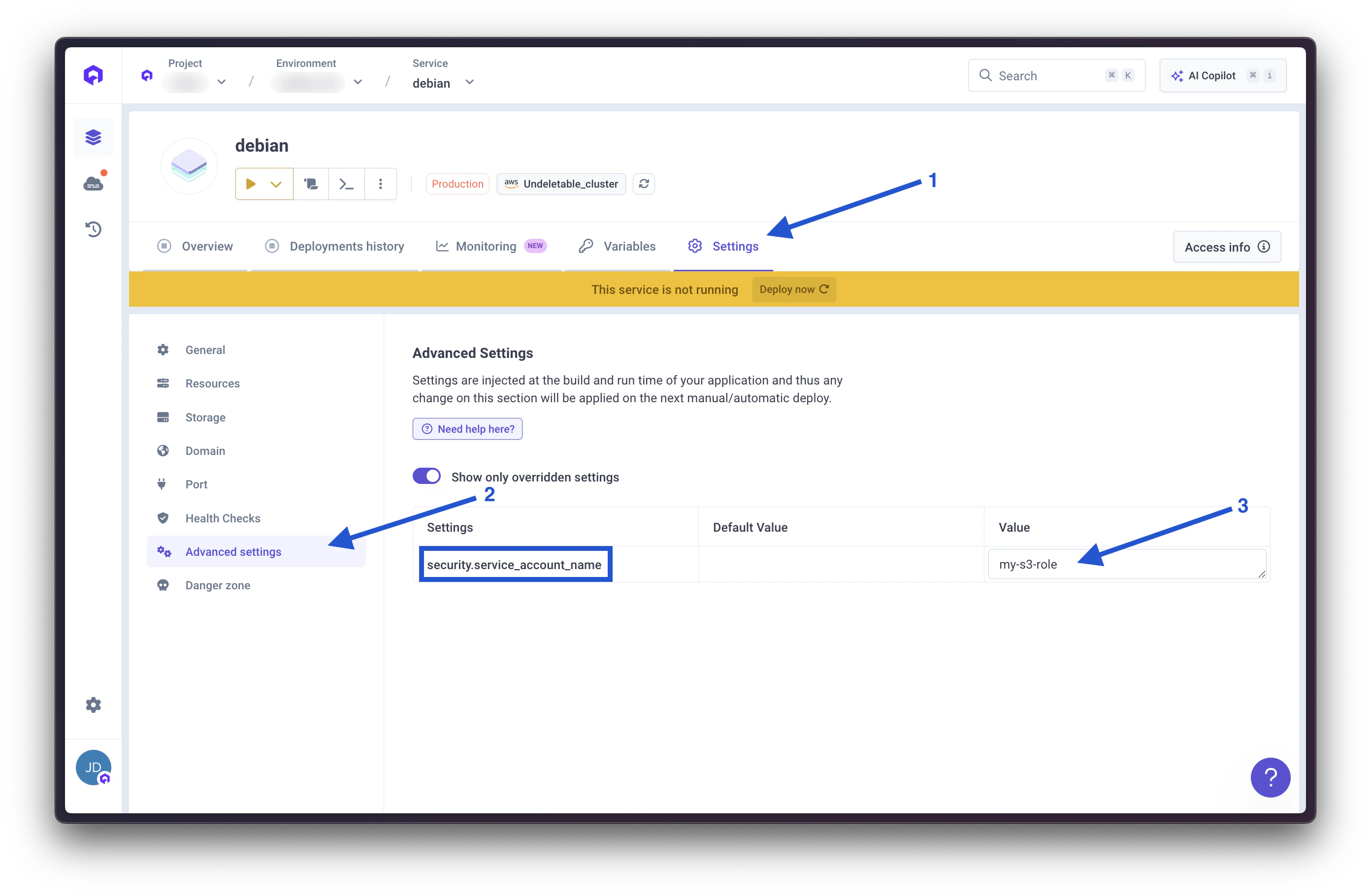 Set service account on application