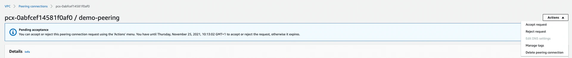 AWS accept VPC peering request