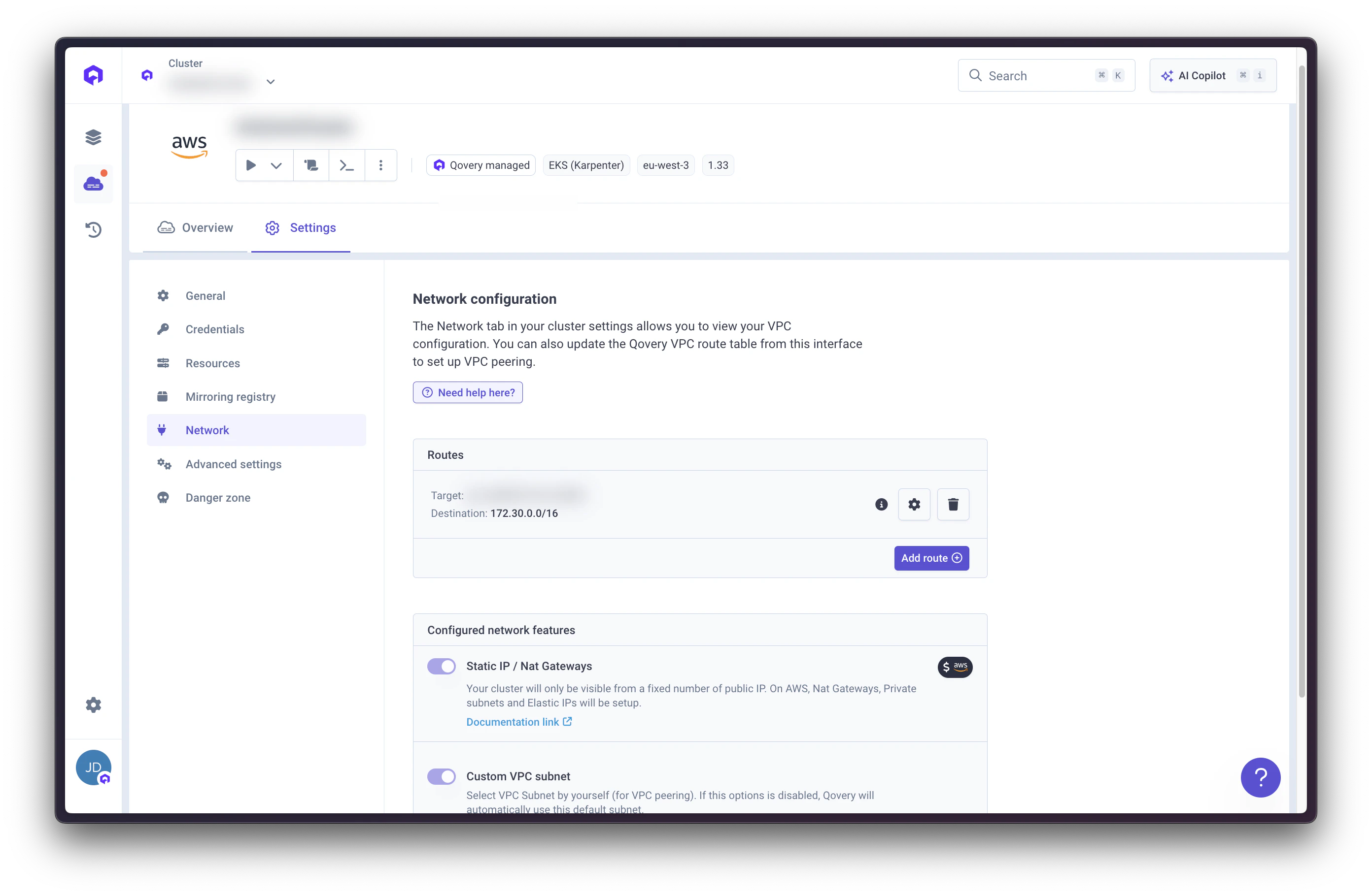 AWS VPC Qovery Route Table add route