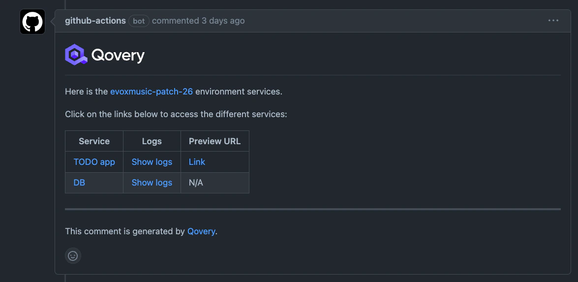 Ephemeral environment status in Pull Request