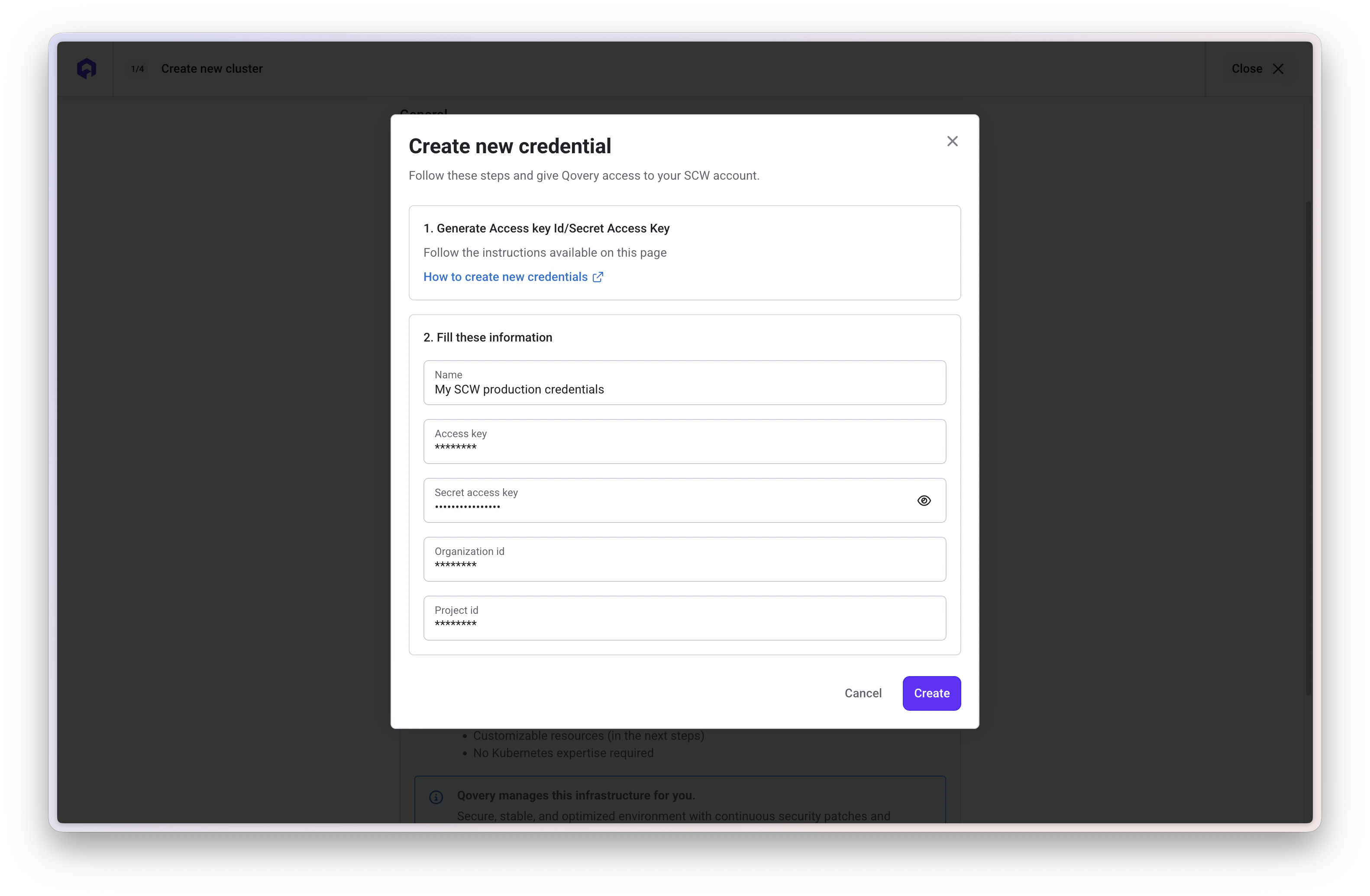 Enter Scaleway credentials in Qovery Console