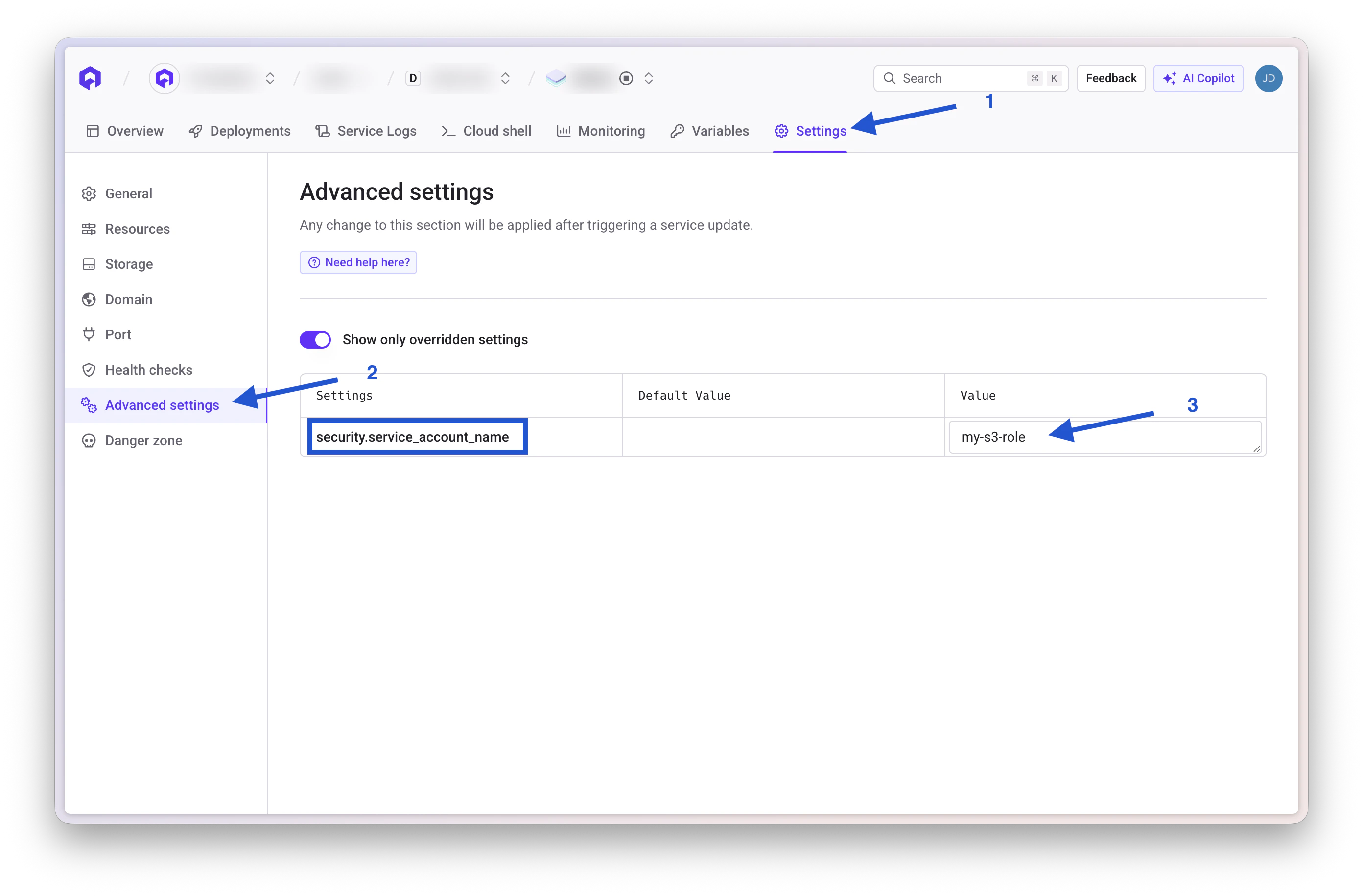 Set service account on application