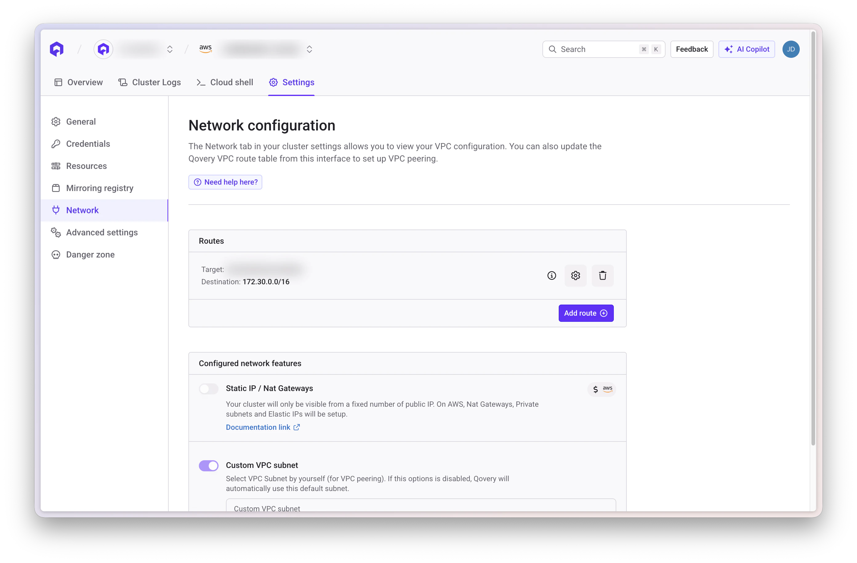 AWS VPC Qovery Route Table add route