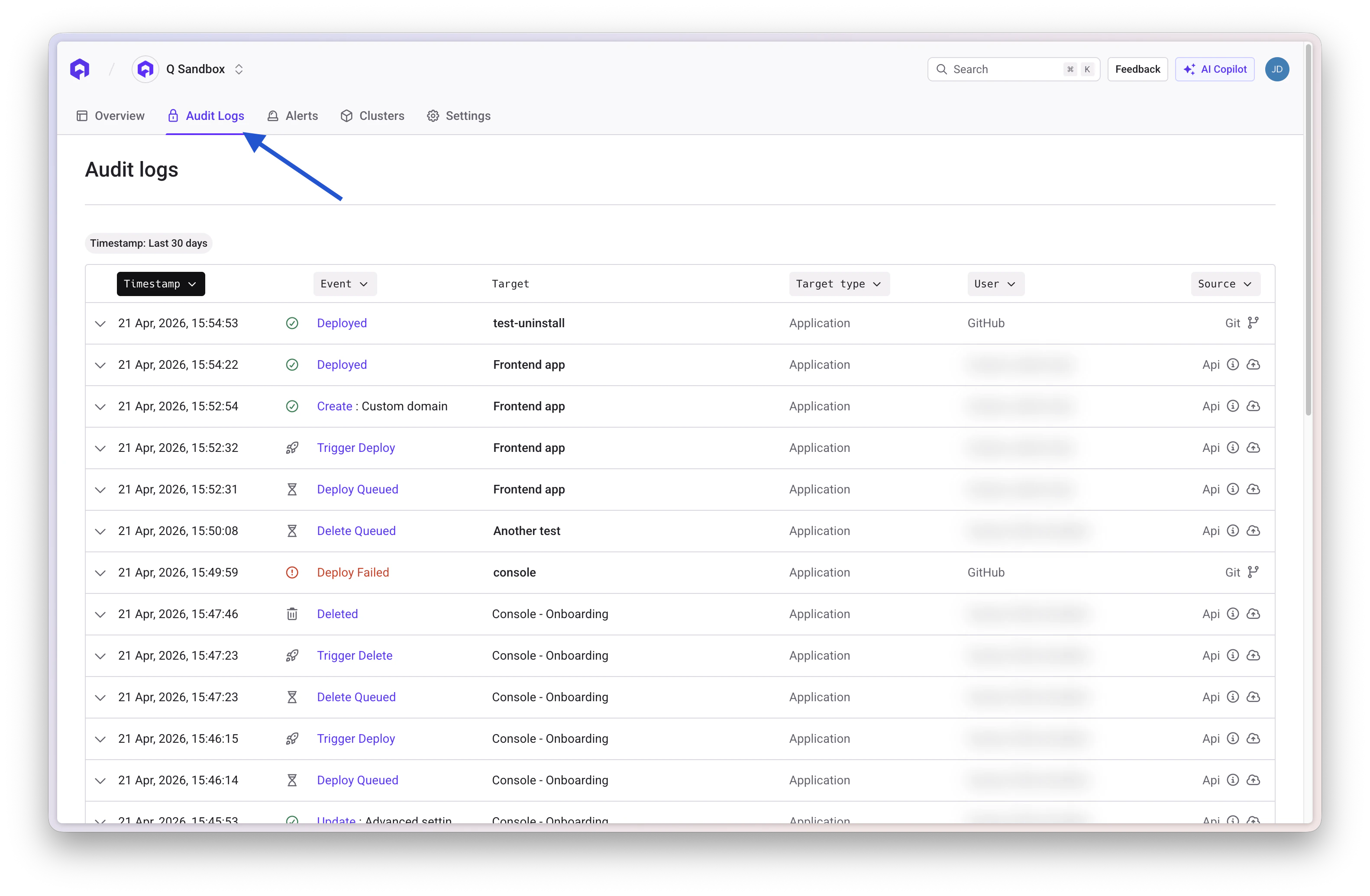 Access audit logs from left navigation
