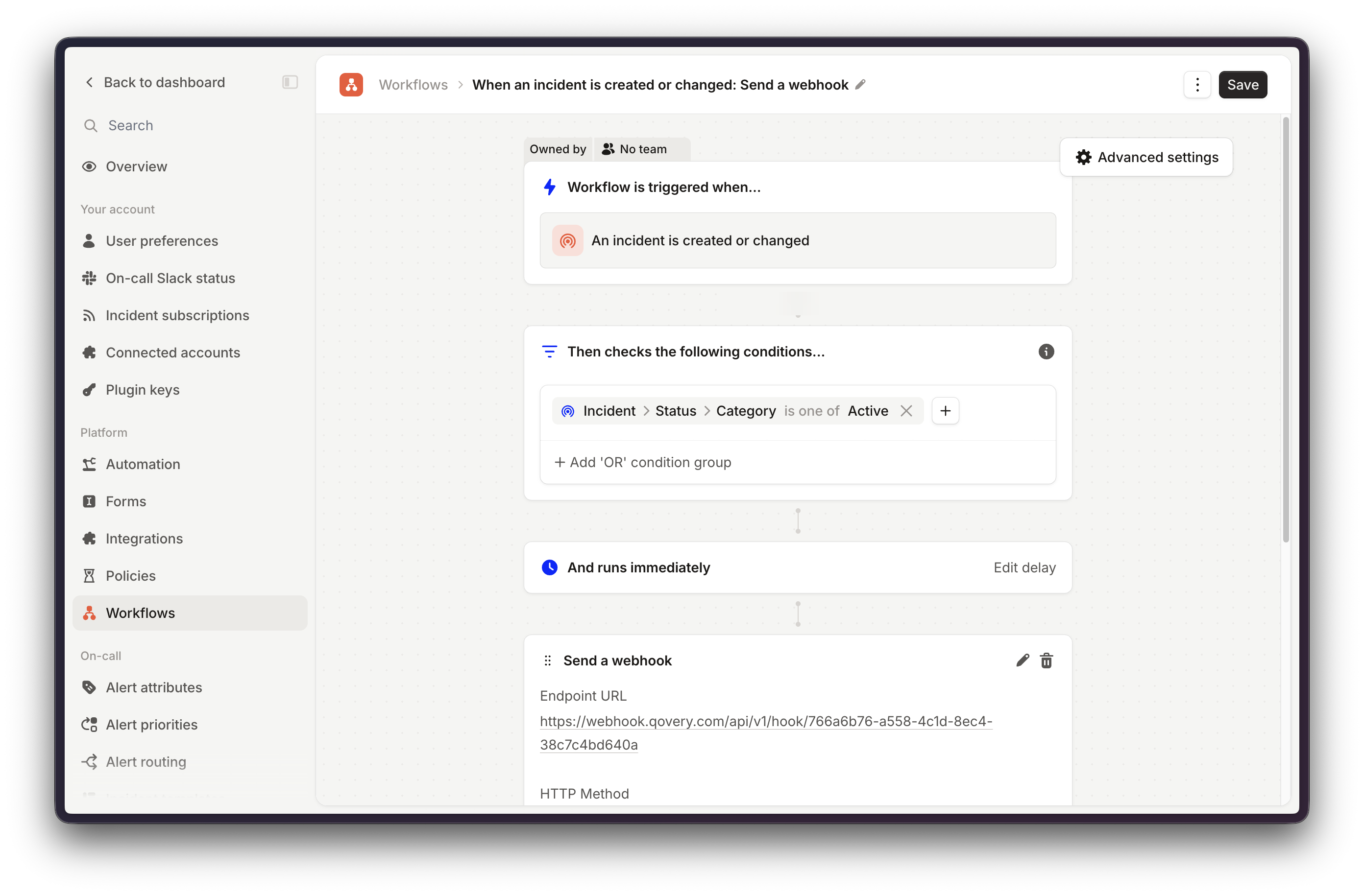 incident.io Workflow triggered when an incident is created or changed, filtered to active incidents, with a Send a webhook step