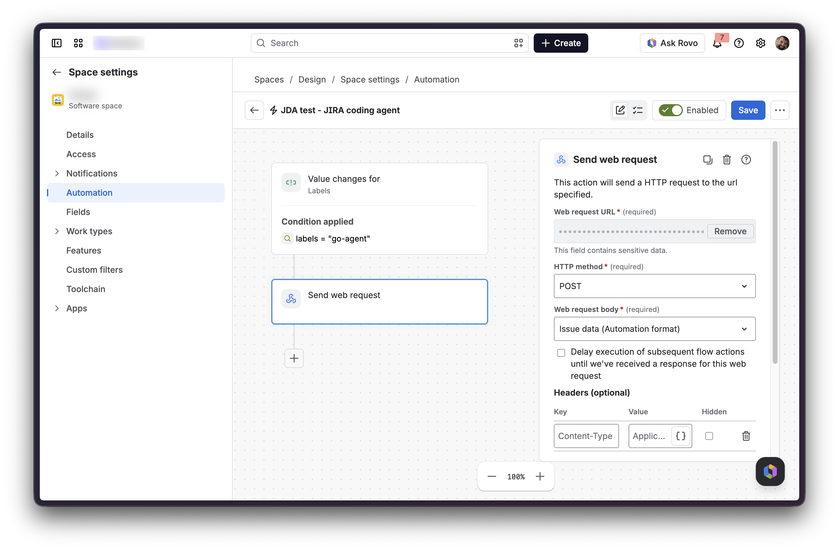 Jira automation flow with a Value changes for Labels trigger, a labels condition, and a Send web request action