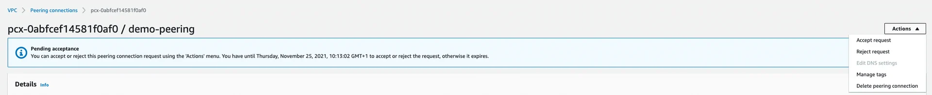 AWS accept VPC peering request