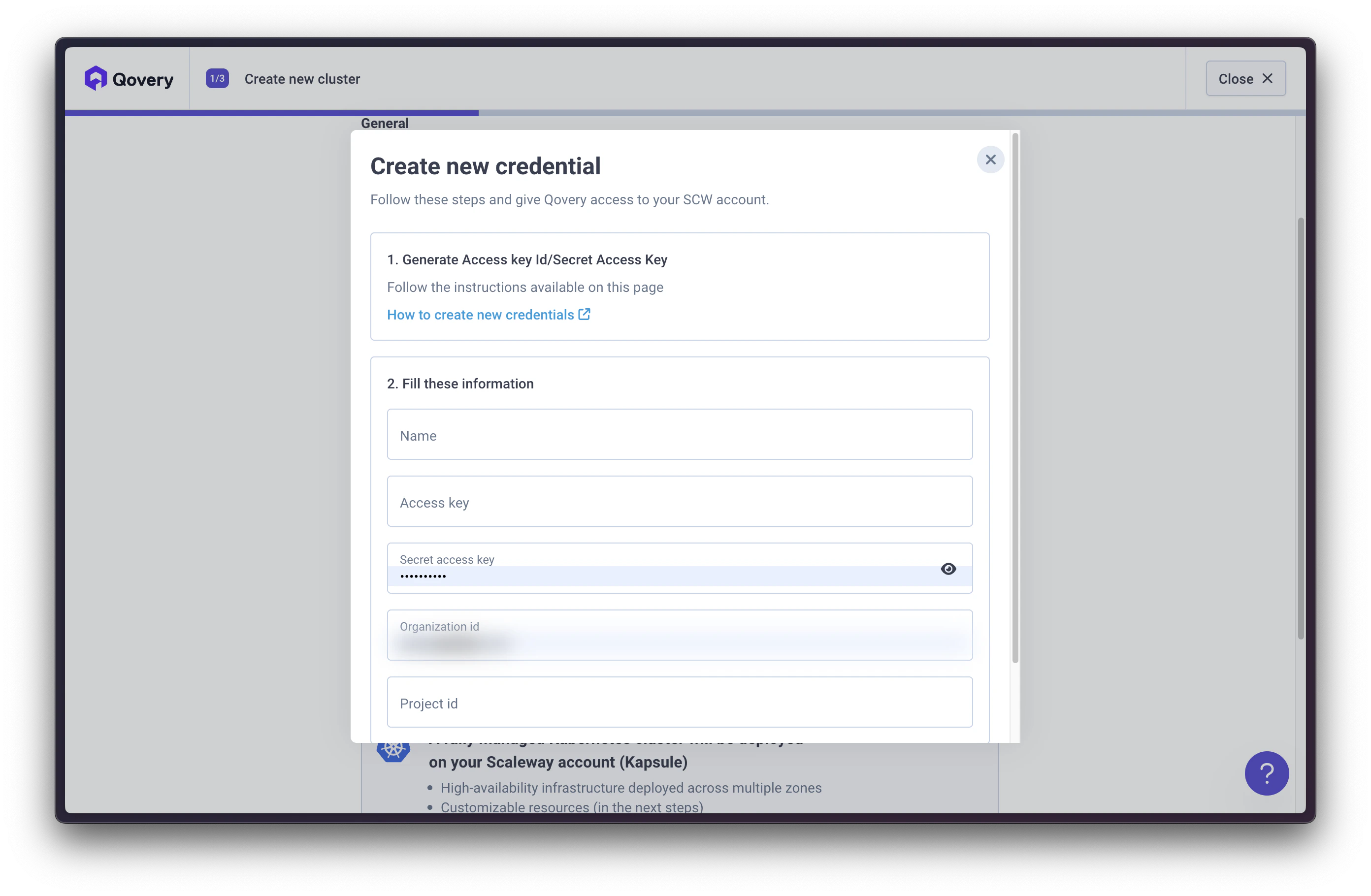 Enter Scaleway credentials in Qovery Console