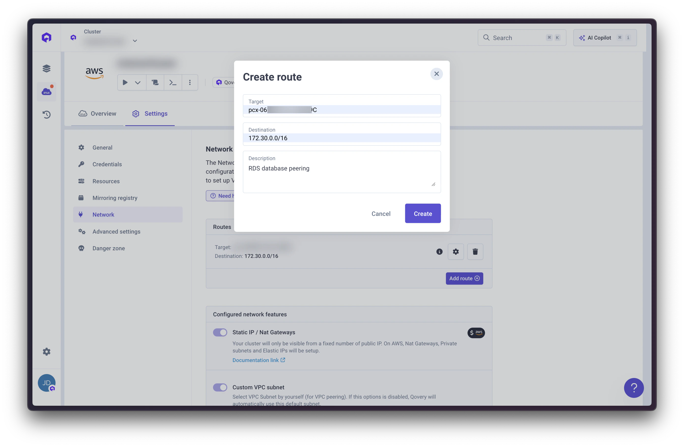 AWS VPC Qovery Route Table add route