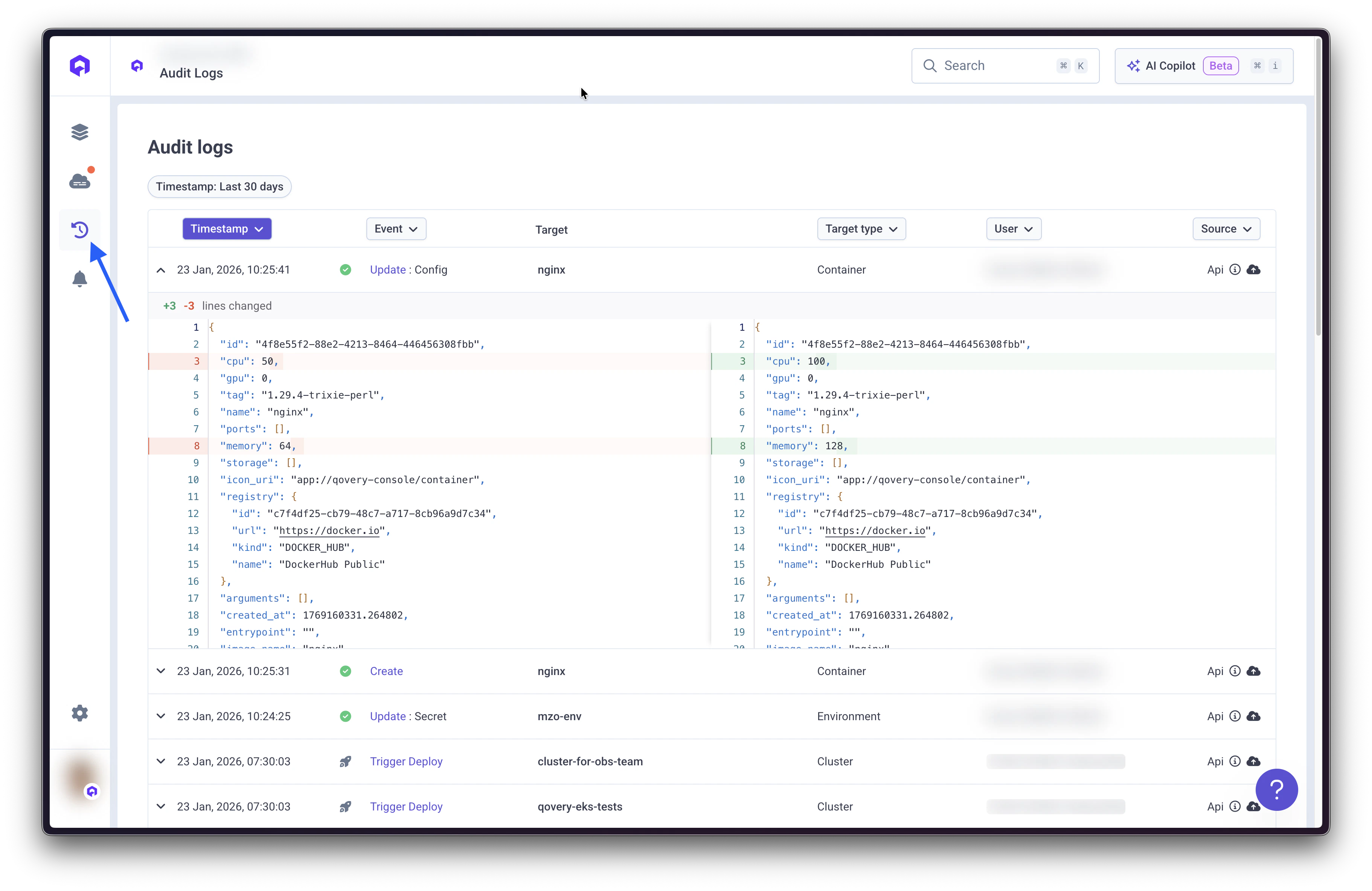 Access audit logs from left navigation