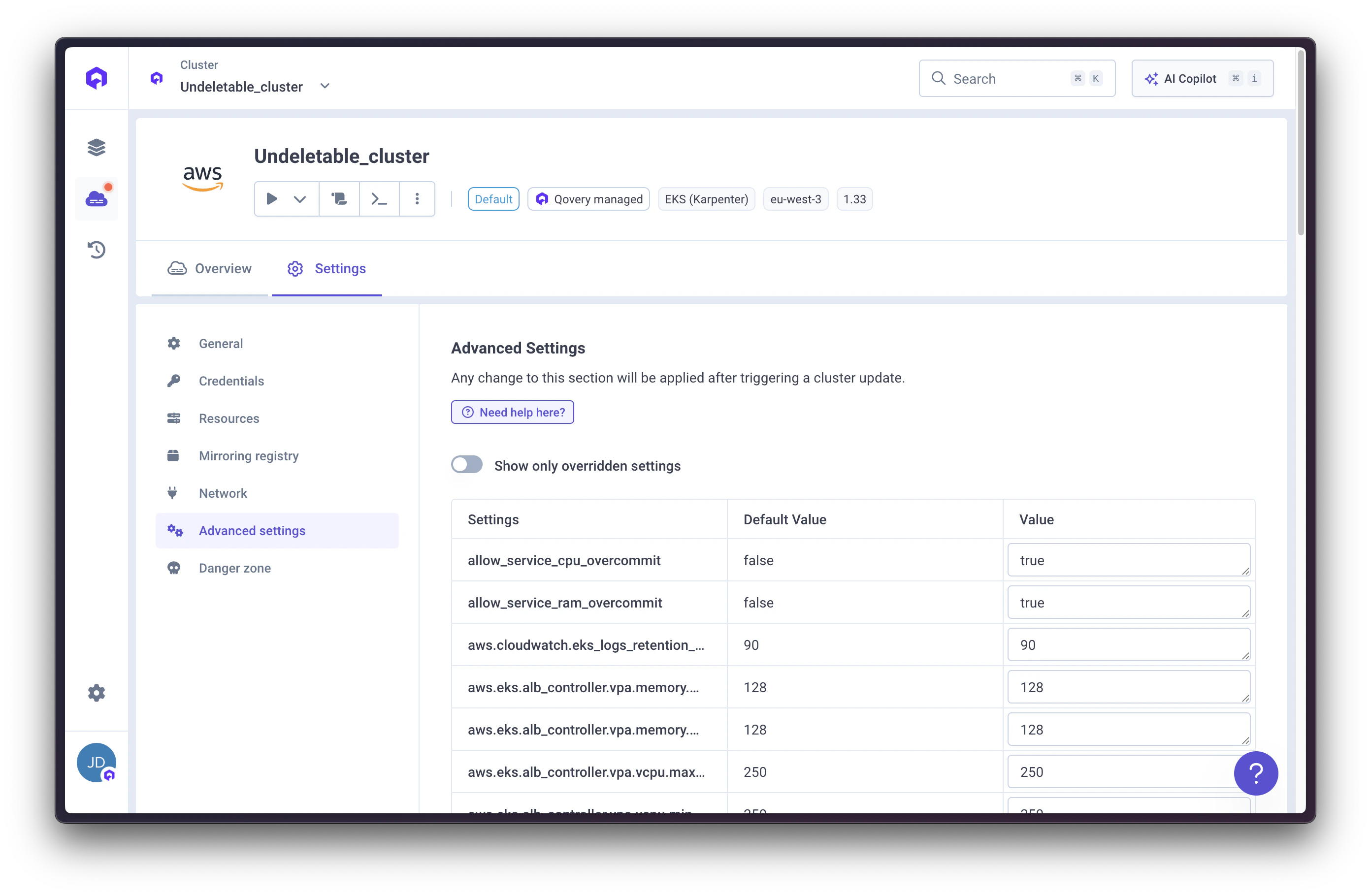 Cluster Advanced Settings in Console