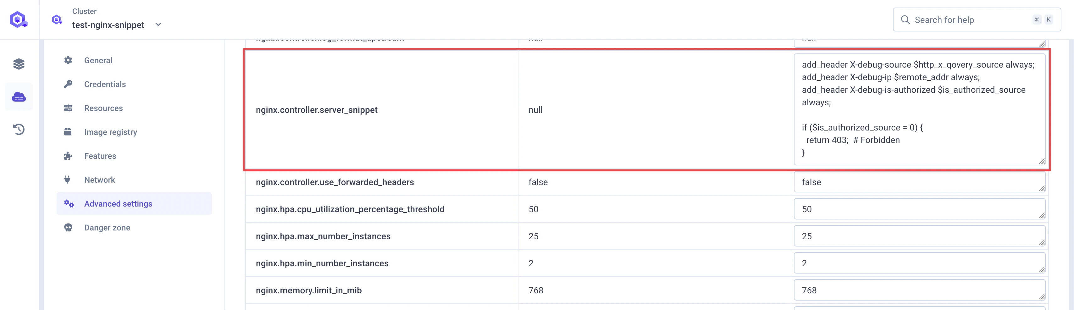 Server snippet with authorization logic
