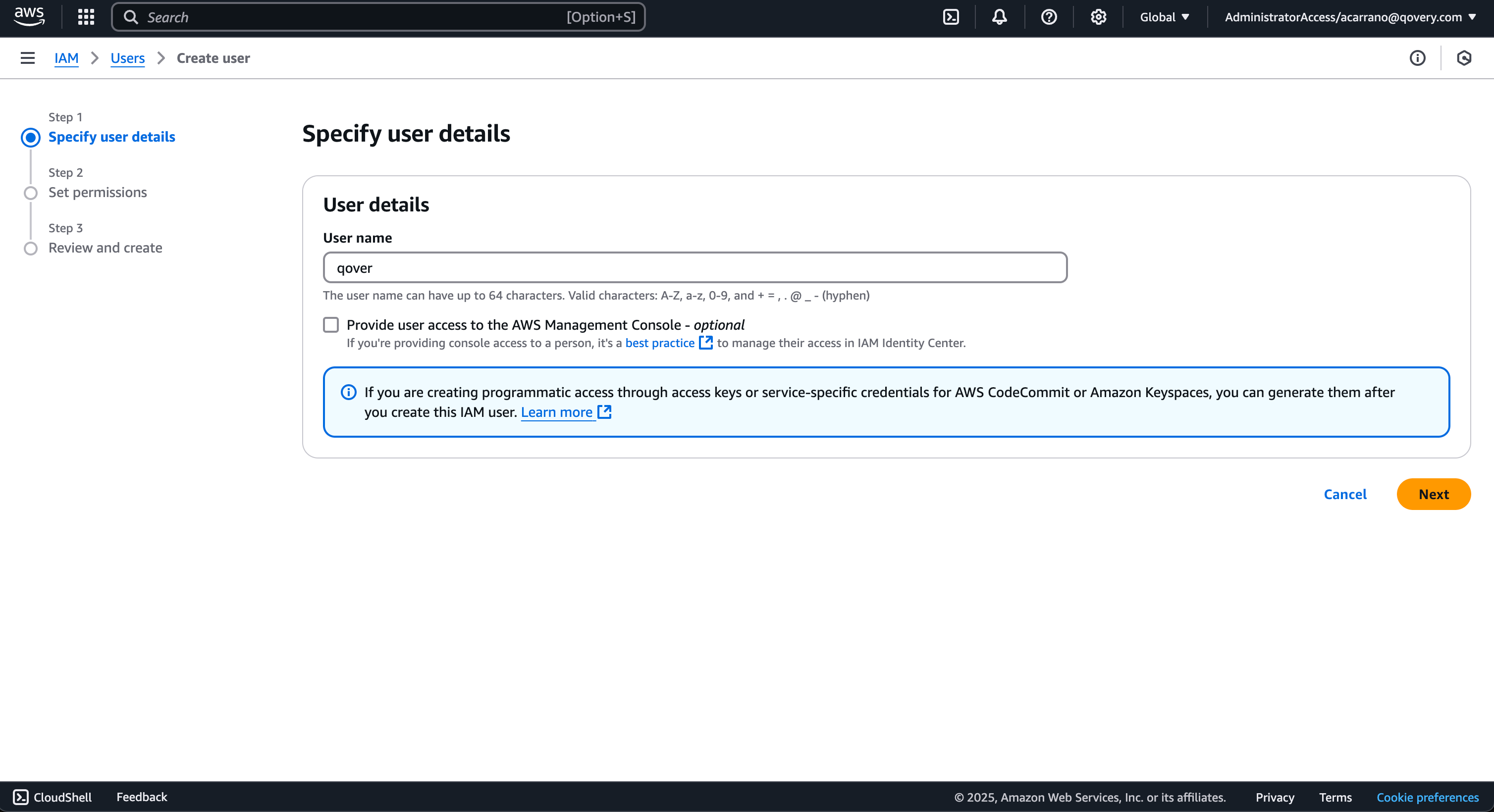 Create user - step 1
