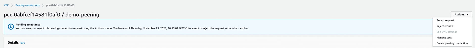 AWS accept VPC peering request